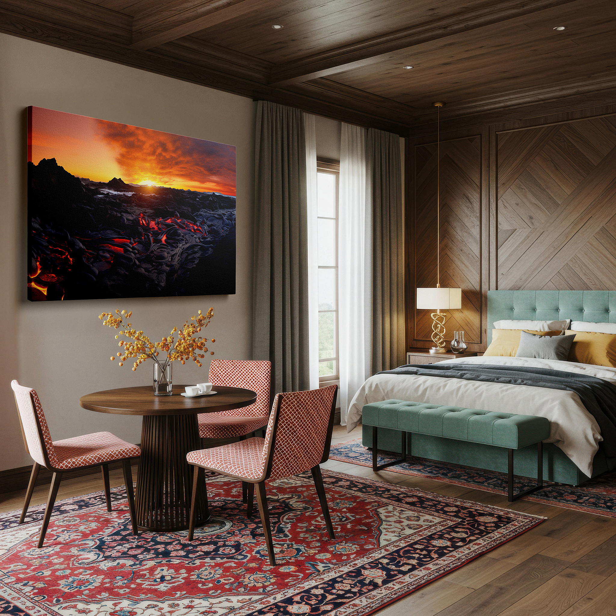 Framed by abstract decor and natural-toned accessories — fiery lava clashes with tranquil ocean at sunset - a striking display of nature's contrasts, large canvas wall art for home and office decor