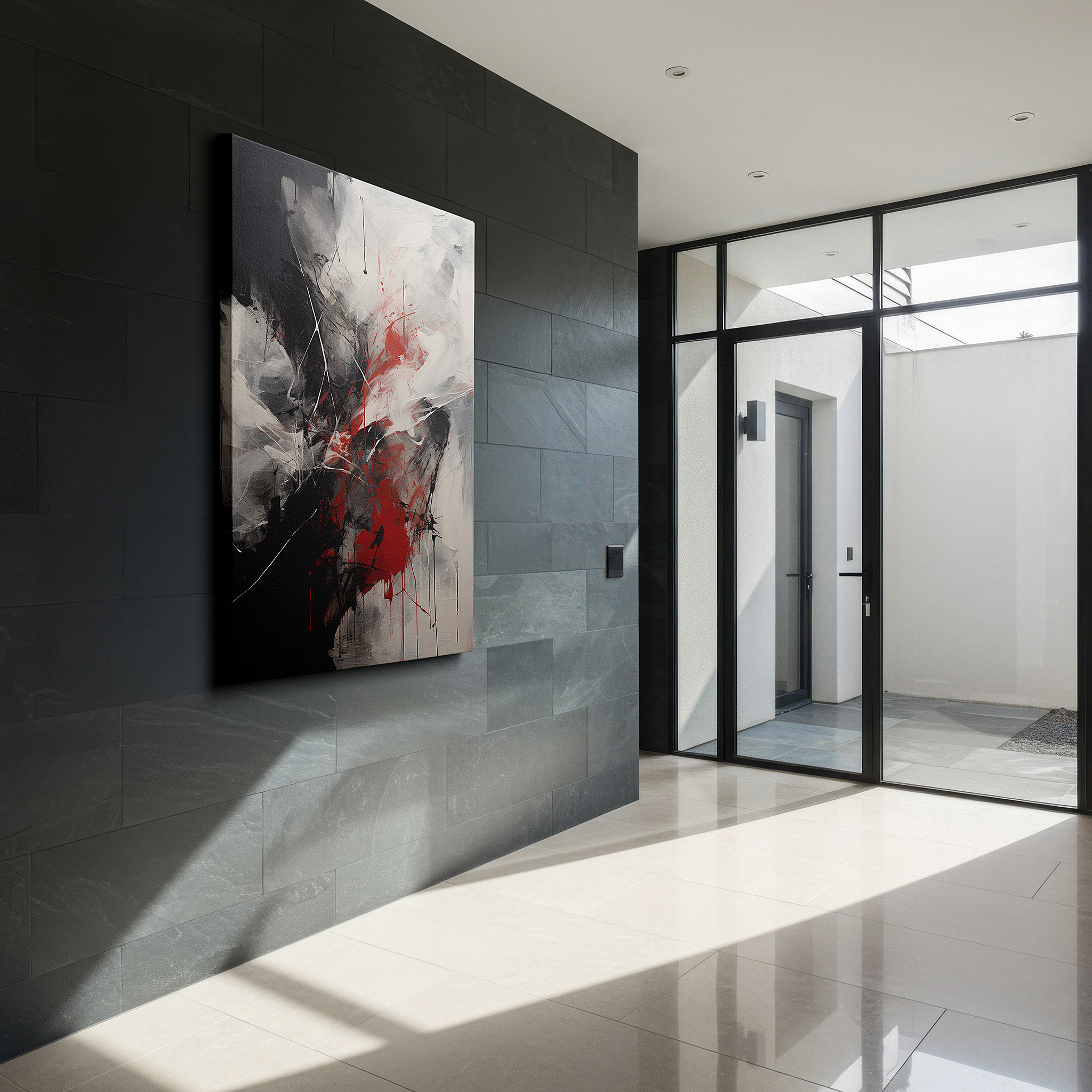Framed by abstract decor and natural-toned accessories — fiery red and deep black dynamic interplay evokes passion and turmoil - large canvas wall art for office and bedroom decor