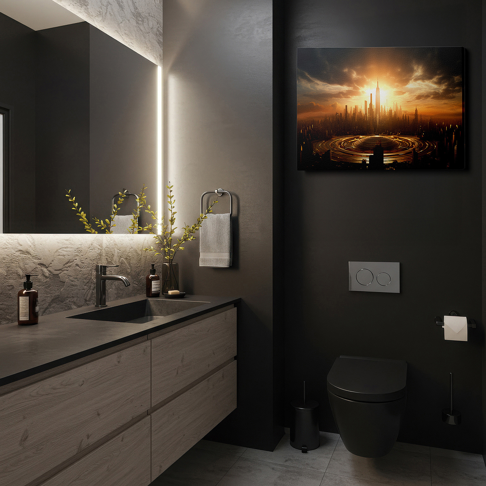 Framed by abstract decor and natural-toned accessories — futuristic cityscape at sunset: a canvas of innovation and progress - large wall art, canvas wall art, wall art decor, office wall art, bedroom wall art