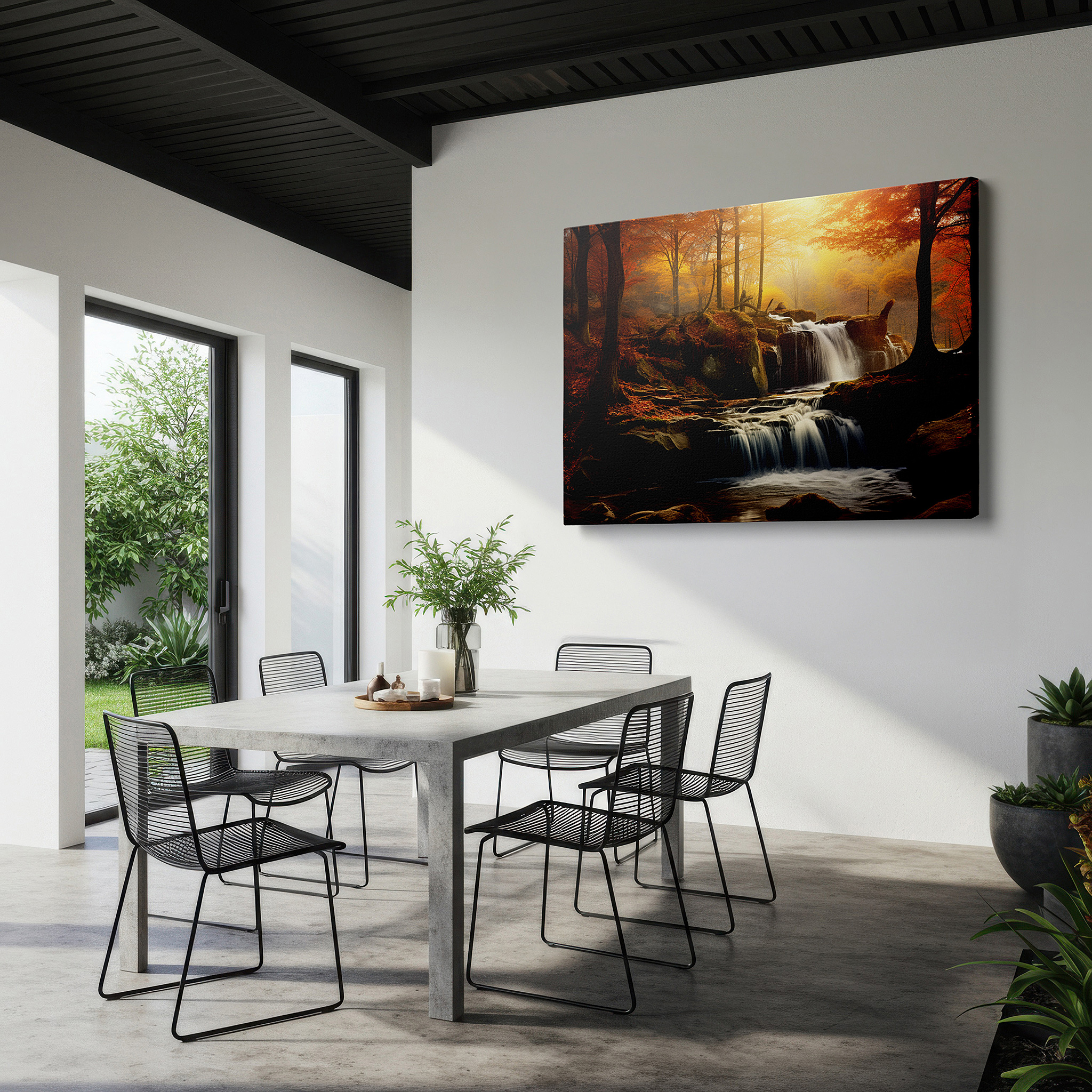 Framed by abstract decor and natural-toned accessories — golden foliage and majestic waterfall canvas wall art, bathed in sunlight and tranquility, ideal for office and bedroom decor