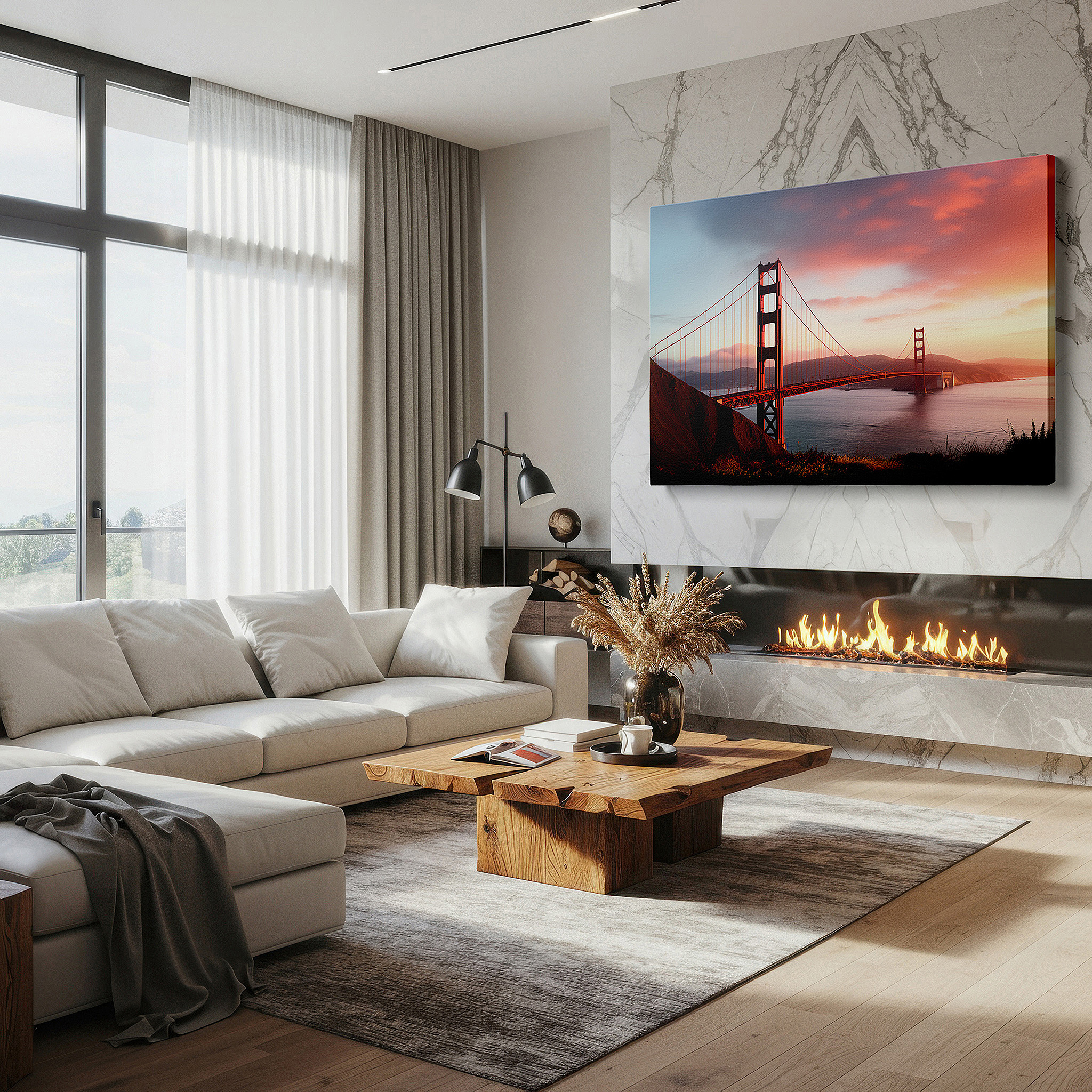 Framed by abstract decor and natural-toned accessories — golden gate bridge at sunset: a stunning display of san francisco's iconic beauty - large canvas wall art for home and office decor