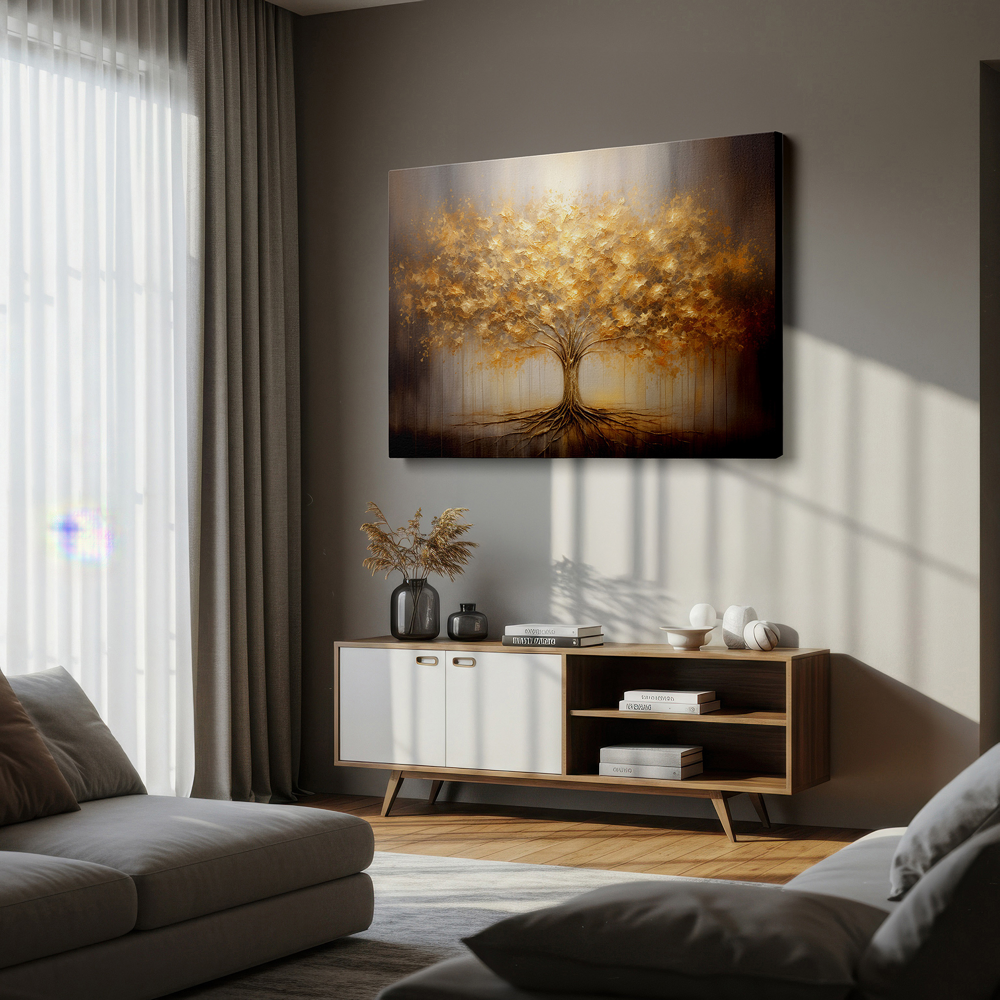 Framed by abstract decor and natural-toned accessories — golden tree of life and prosperity radiant large canvas wall art for office, bedroom, and living room decor