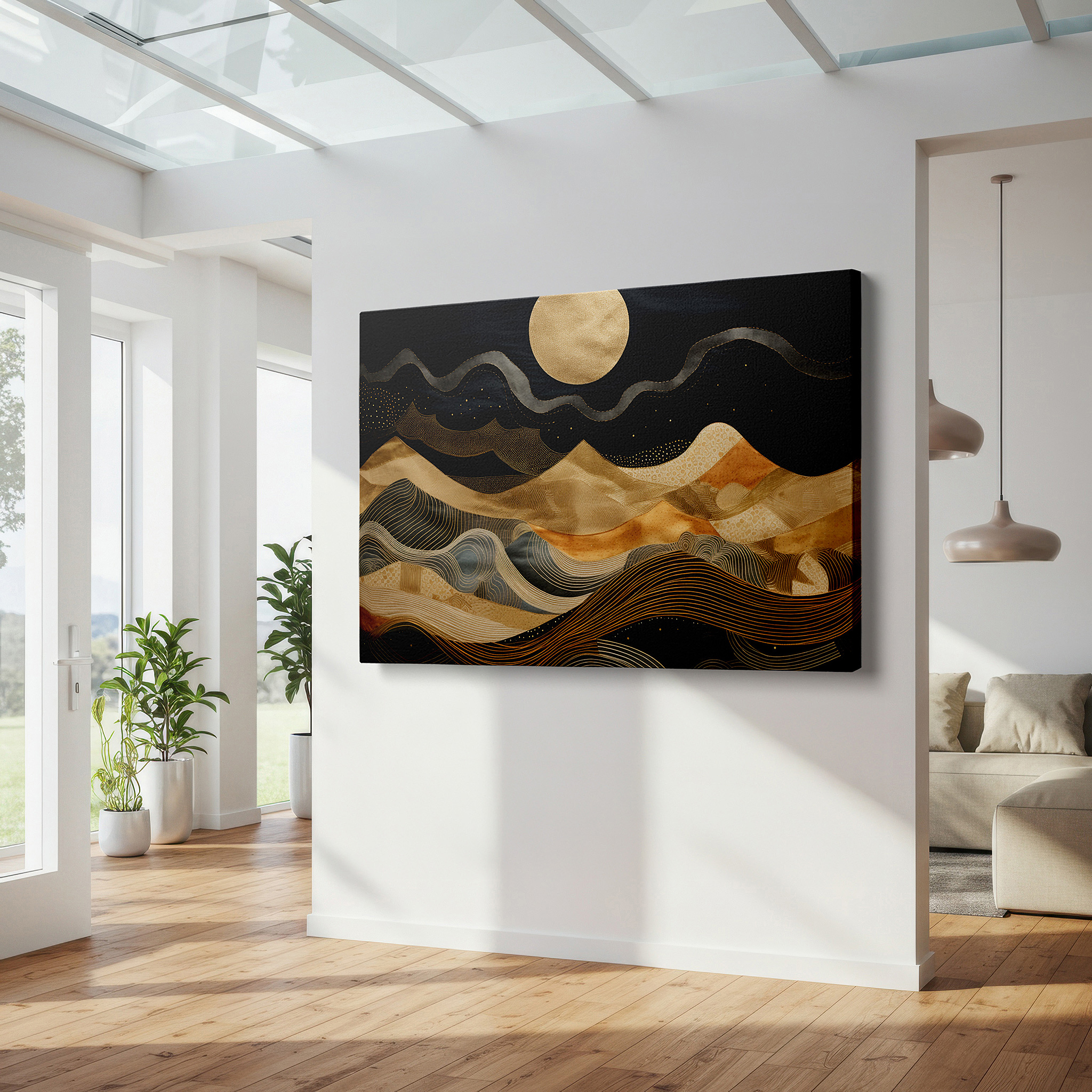 Framed by abstract decor and natural-toned accessories — golden waves and bright moon in a mysterious abstract landscape, large canvas wall art for home and office decor