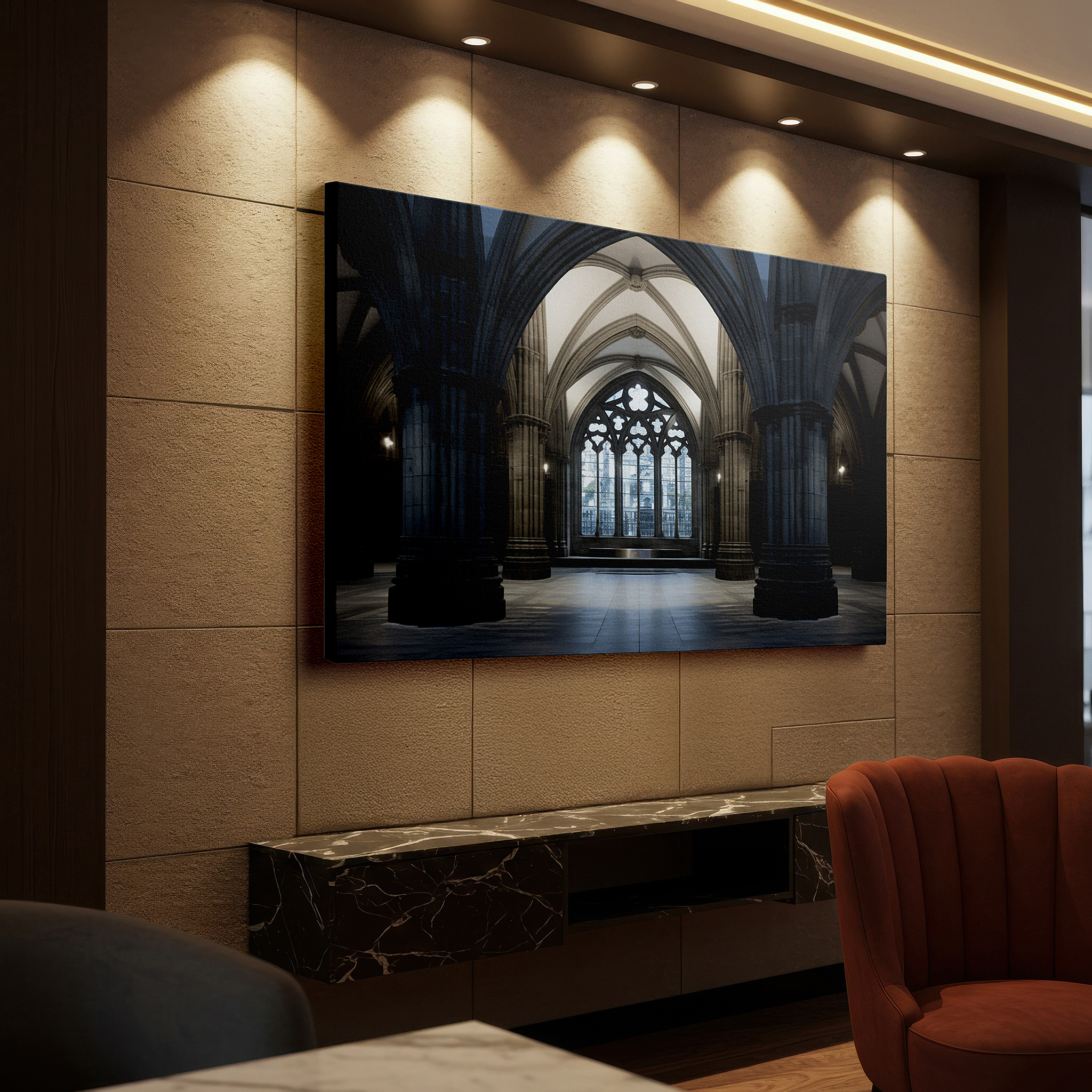 Framed by abstract decor and natural-toned accessories — gothic elegance in arches and stonework: reflective spaces wall art for office, bedroom, and living areas
