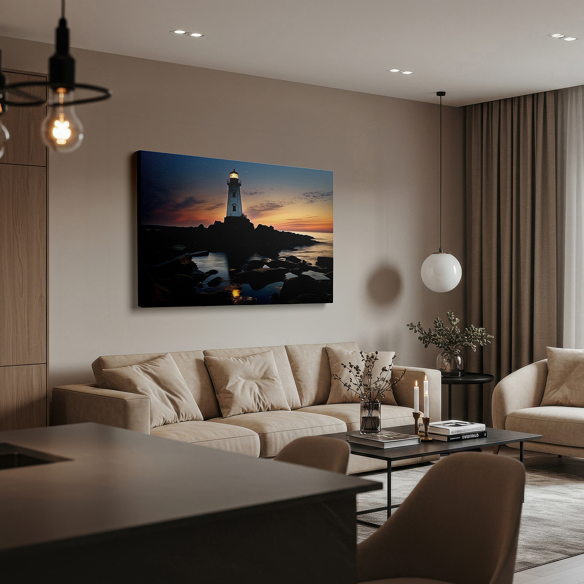Framed by abstract decor and natural-toned accessories — lighthouse beacon of hope wall art: fiery skies and tranquil seas - large canvas for home and office decor, perfect for living room and bedroom