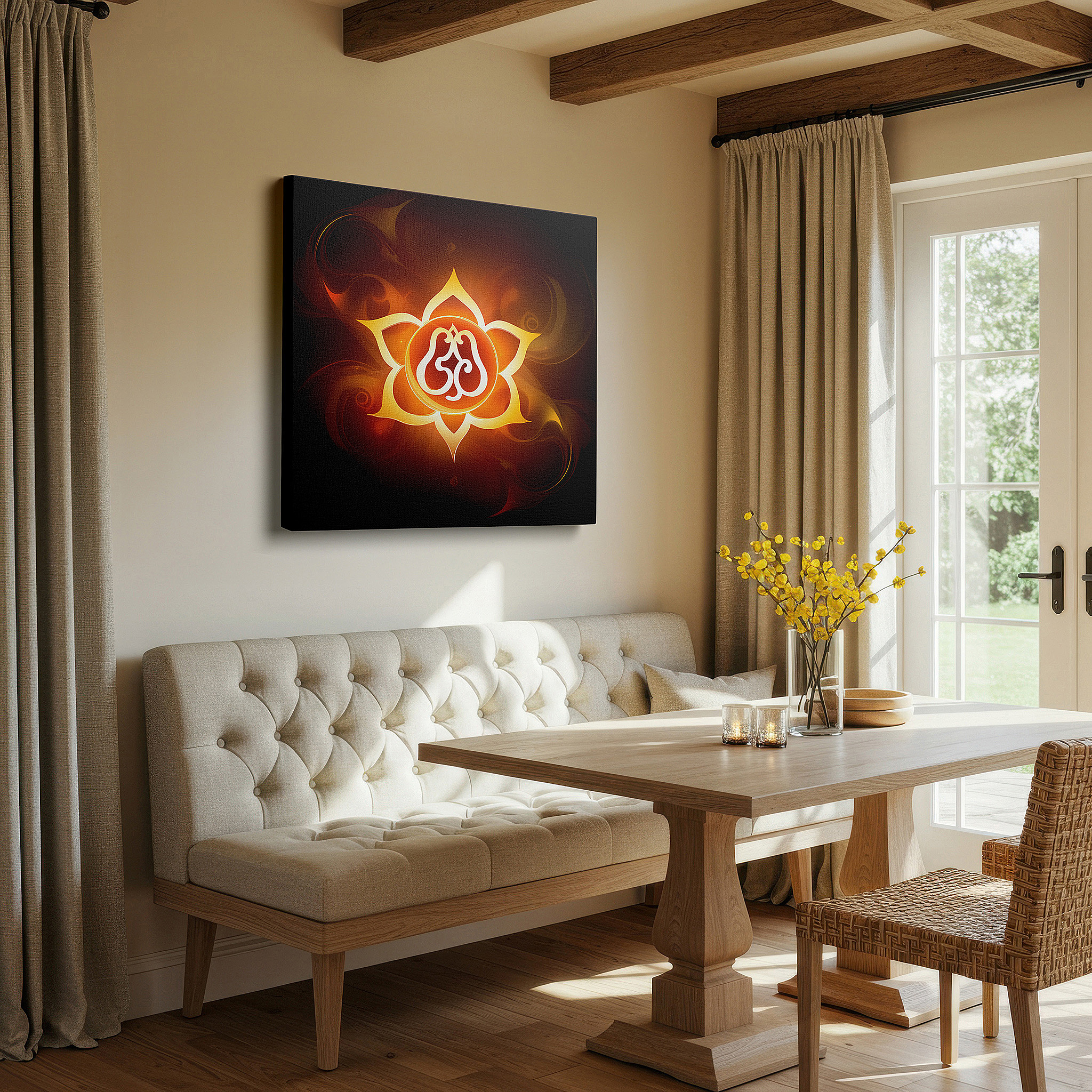 Framed by abstract decor and natural-toned accessories — lotus of enlightenment wall art: radiant symbol of purity and resilience in fiery hues - large canvas art for home and office decor, perfect for living room and bedroom