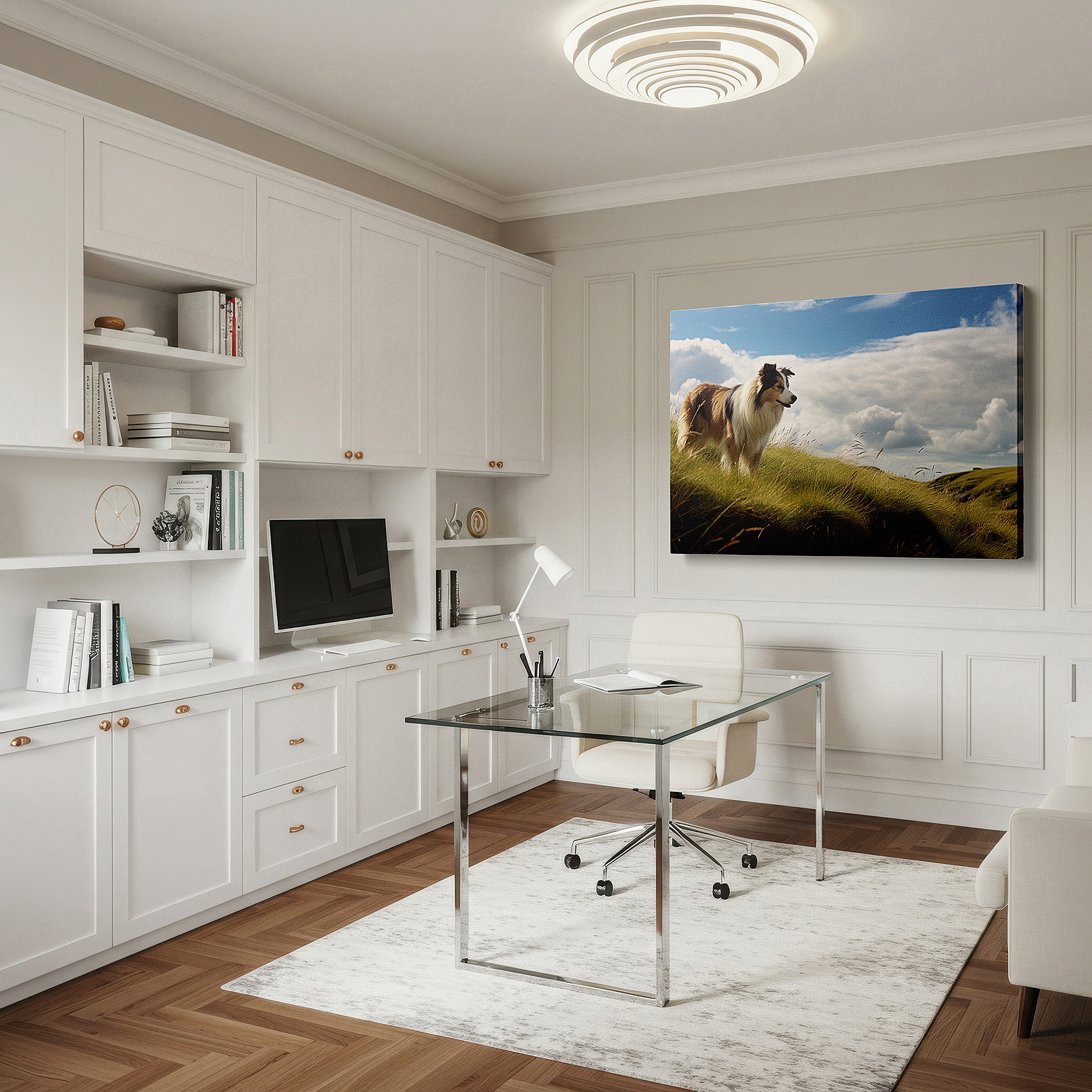 Framed by abstract decor and natural-toned accessories — majestic collie: guardian of the verdant hillside - a symphony of nature and tranquility, large canvas wall art for home and office decor