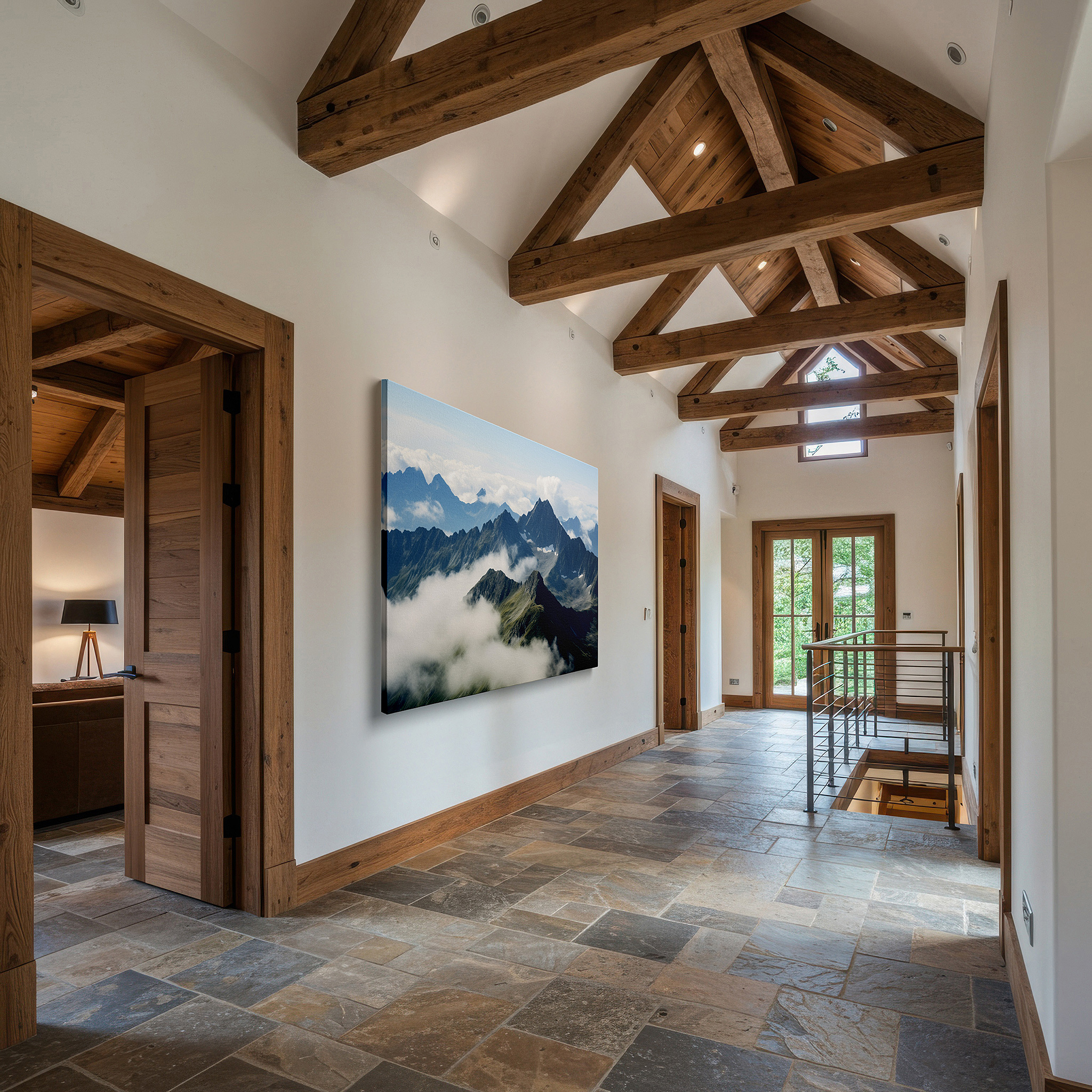 Framed by abstract decor and natural-toned accessories — majestic mountain peaks ascending beyond the clouds, panoramic landscape large canvas wall art for office and bedroom decor