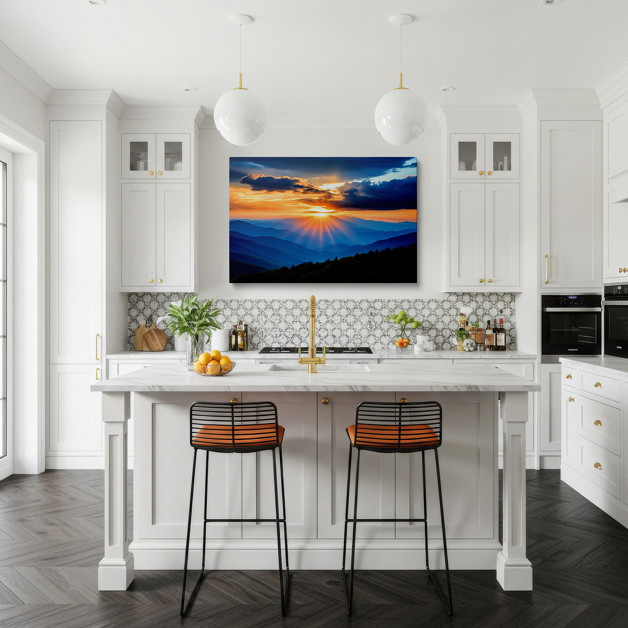 Framed by abstract decor and natural-toned accessories — majestic mountain sunrise, tranquil dawn valley illumination large wall art, canvas wall art, wall decor for office and bedroom