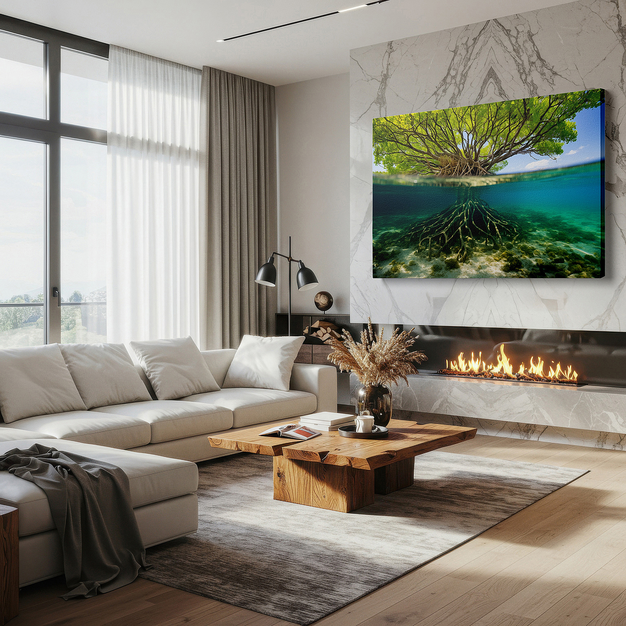 Framed by abstract decor and natural-toned accessories — mangrove majesty: a vibrant underwater mosaic of life and resilience - large wall art, canvas wall art, wall decor for office and bedroom