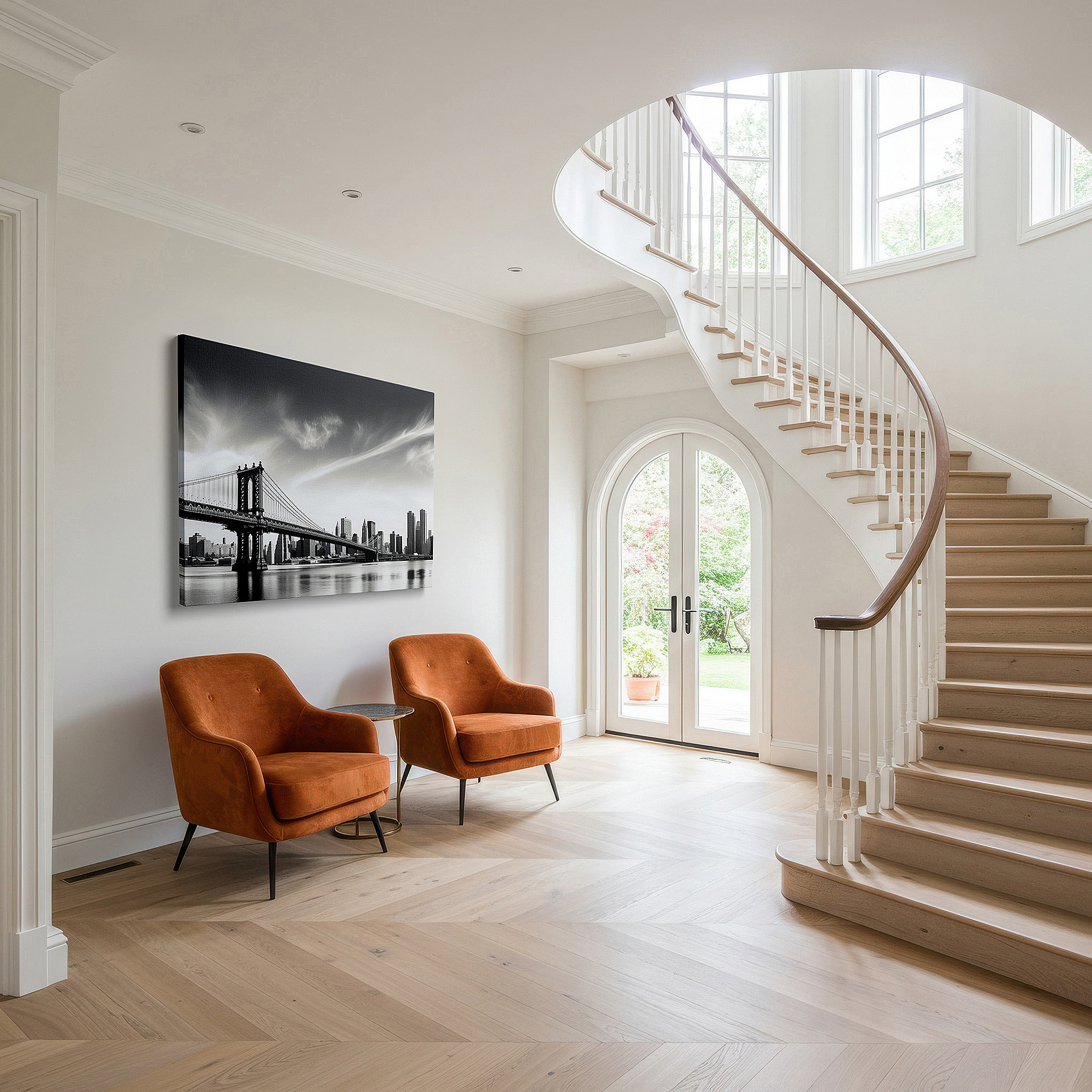 Framed by abstract decor and natural-toned accessories — manhattan bridge and nyc skyline wall art - a monochrome tribute to urban elegance and architectural mastery, large canvas wall art