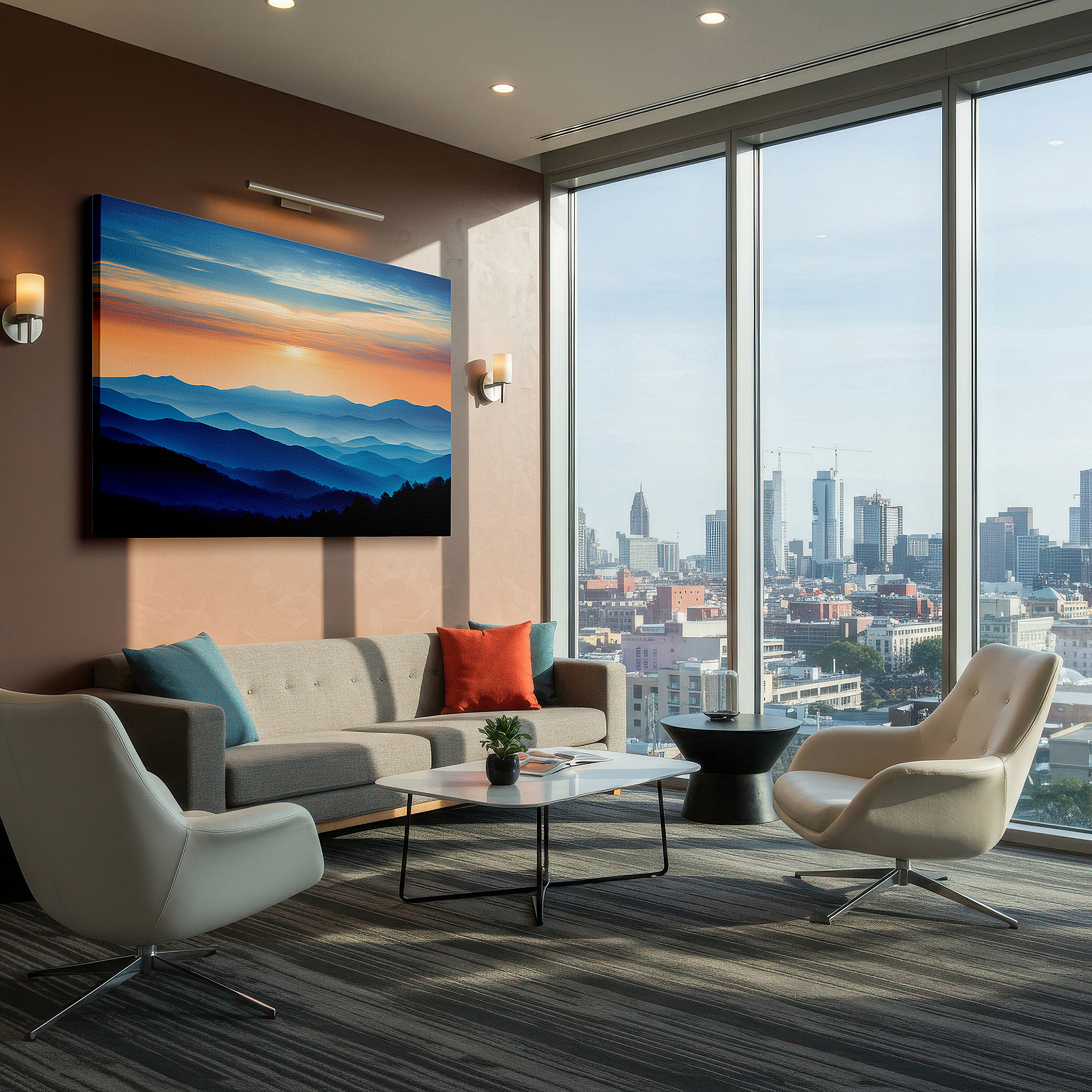 Framed by abstract decor and natural-toned accessories — misty blue mountains at tranquil dawn, serene landscape canvas for reflection - large wall art for office and bedroom decor