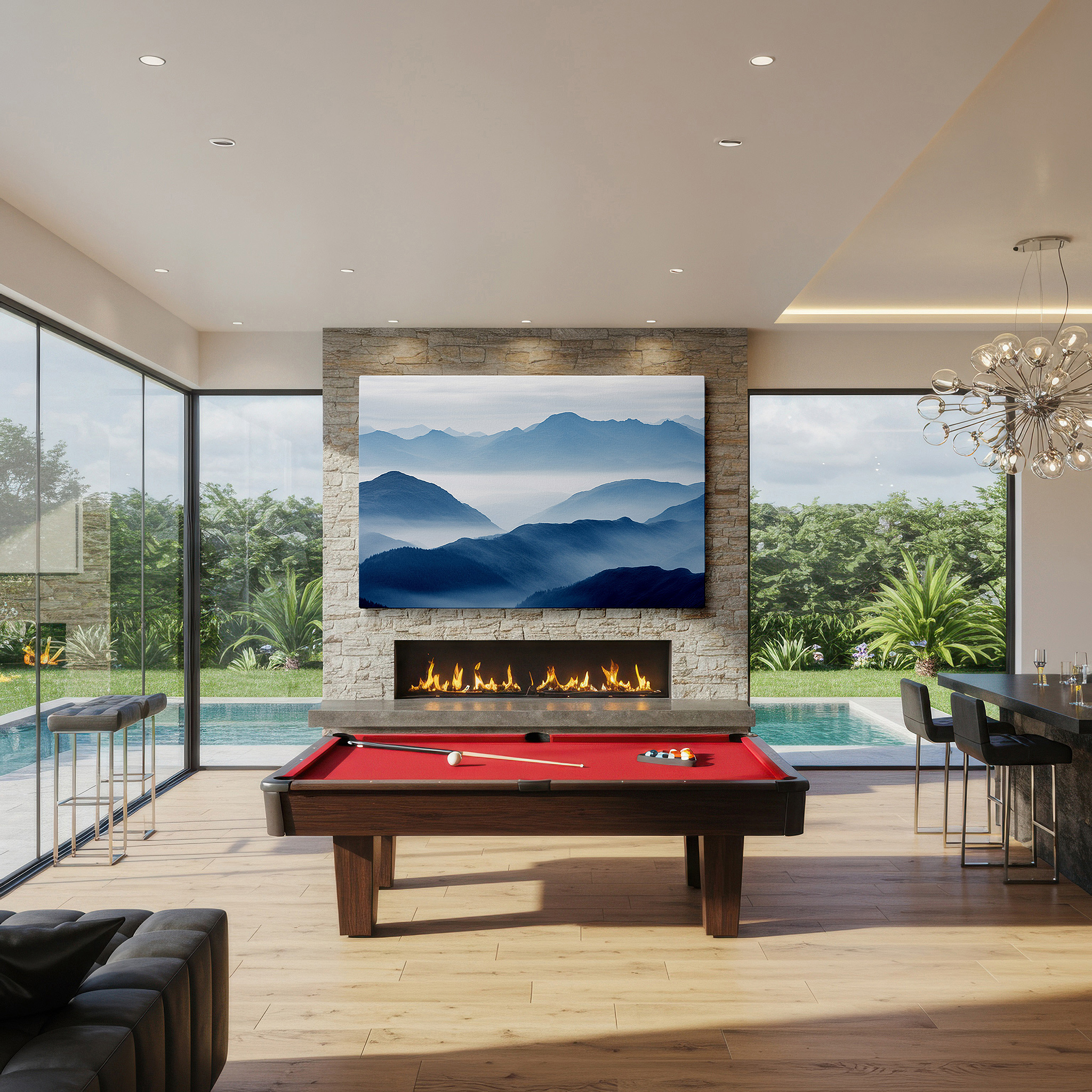 Framed by abstract decor and natural-toned accessories — misty mountain serenity: symphony of blue hues large canvas wall art for office, bedroom, and living room decor