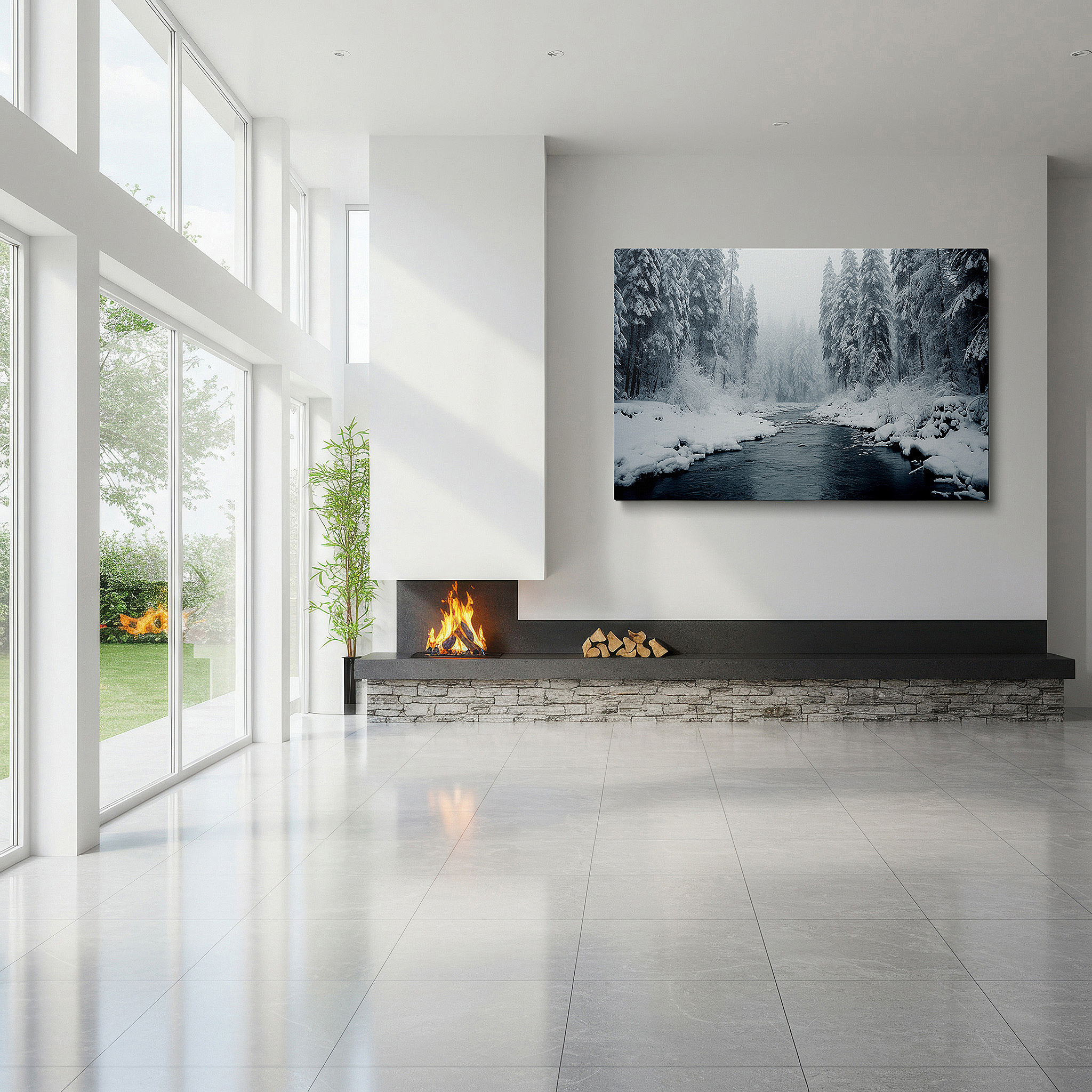Framed by abstract decor and natural-toned accessories — misty winter scene with foggy river and snow-covered pines large wall art, canvas wall art, wall decor for office and bedroom