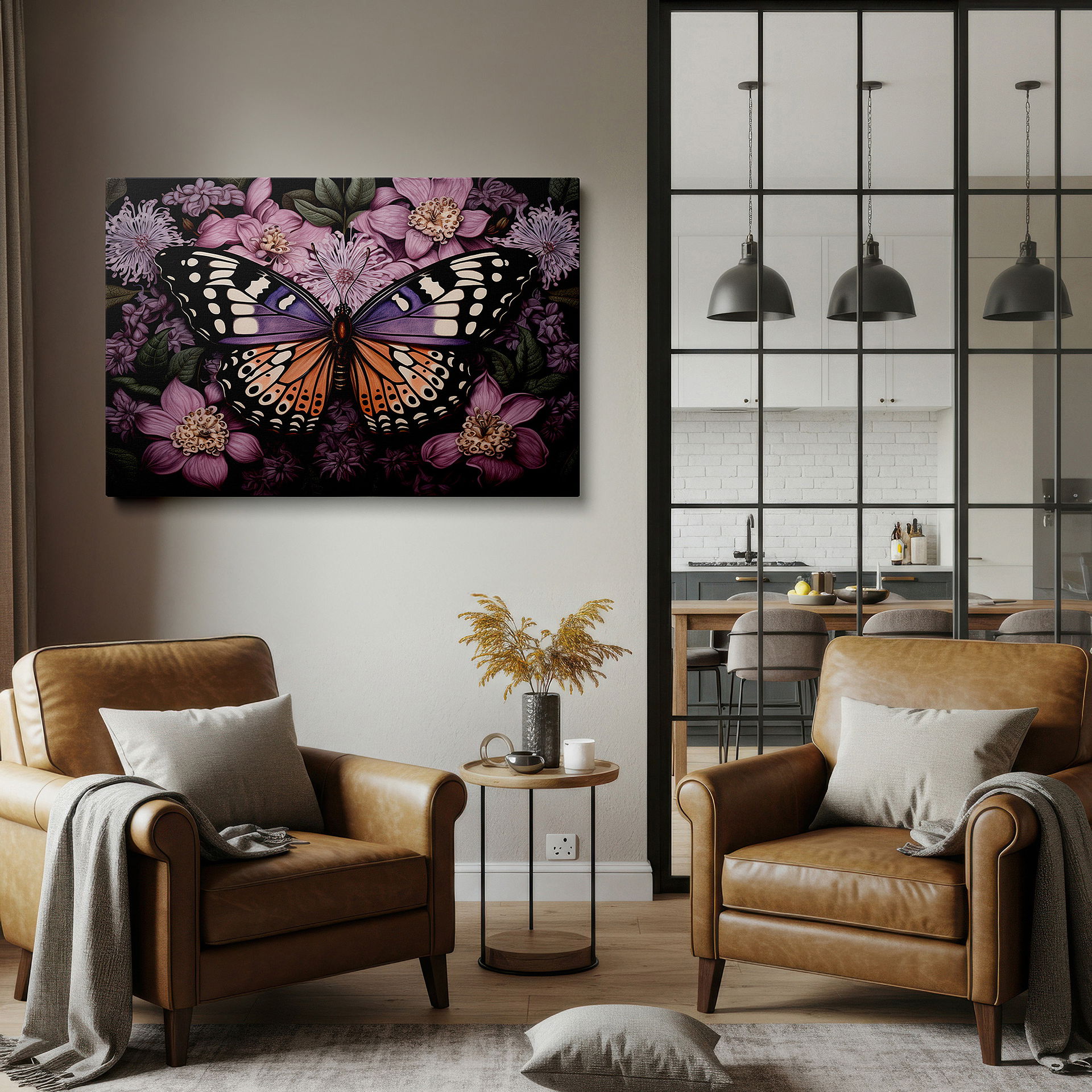 Framed by abstract decor and natural-toned accessories — monarch butterfly resting on colorful flowers, tranquil nature landscape, large canvas wall art for home and office decor