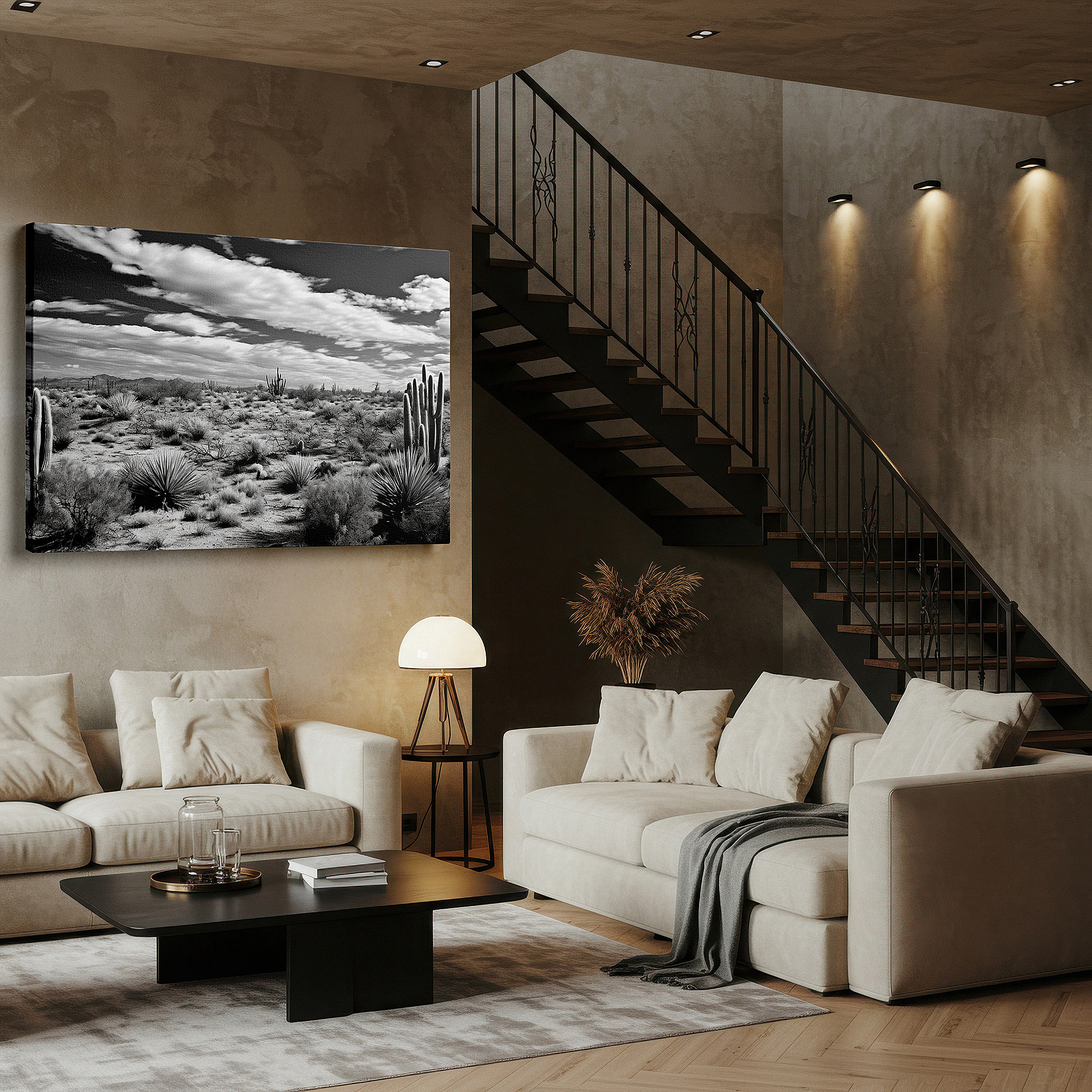 Framed by abstract decor and natural-toned accessories — monochrome serene desert landscape with cacti large canvas wall art for office, bedroom, and living room decor
