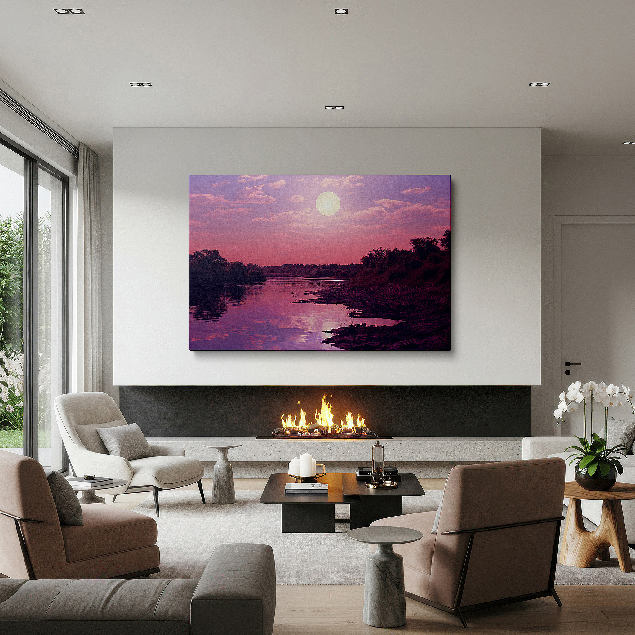 Framed by abstract decor and natural-toned accessories — moonlit twilight by the river wall art: large canvas depicting tranquil and mystical river scene for home and office decor