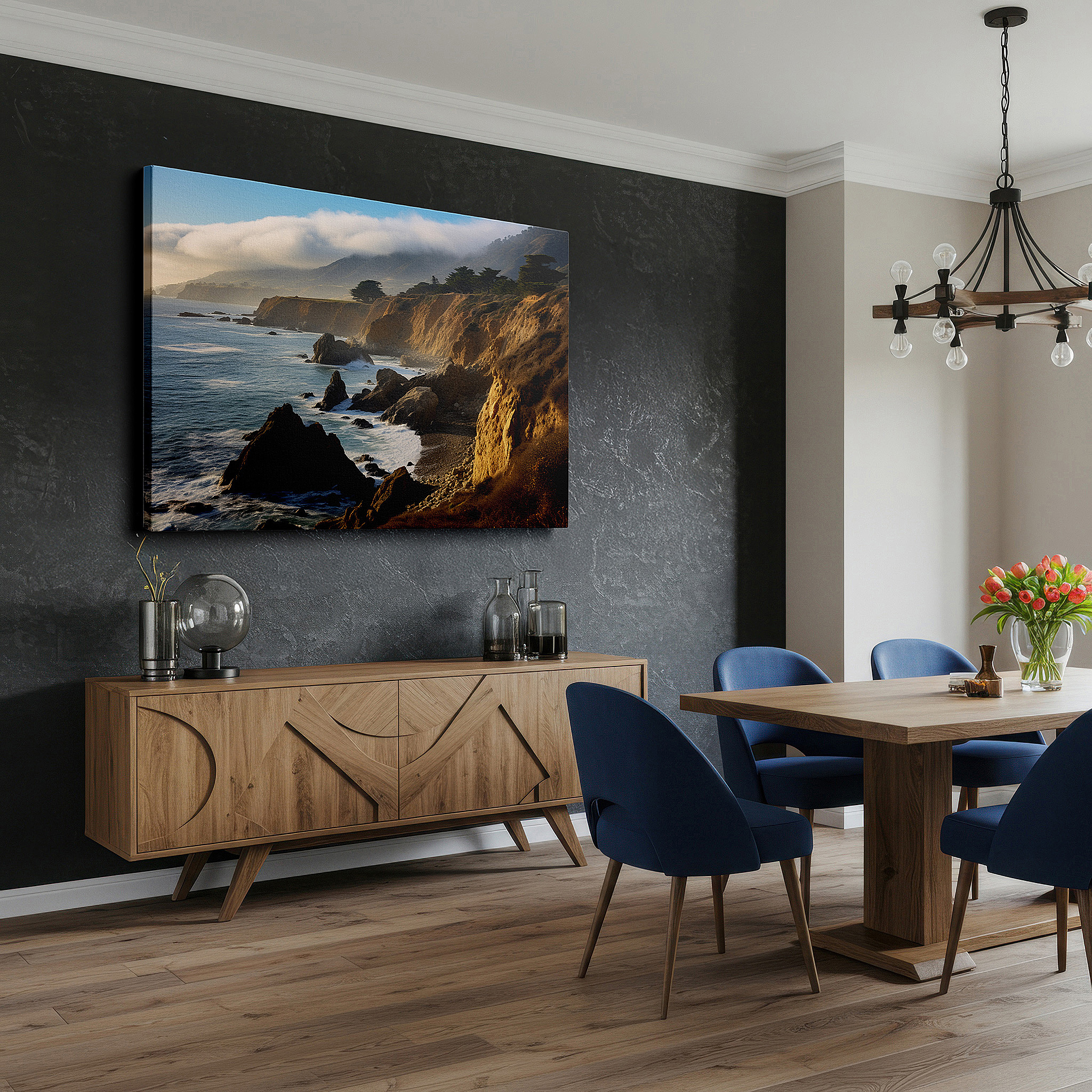 Framed by abstract decor and natural-toned accessories — mystical fog and ocean's rage over rugged cliffs large canvas wall art for office and bedroom decor