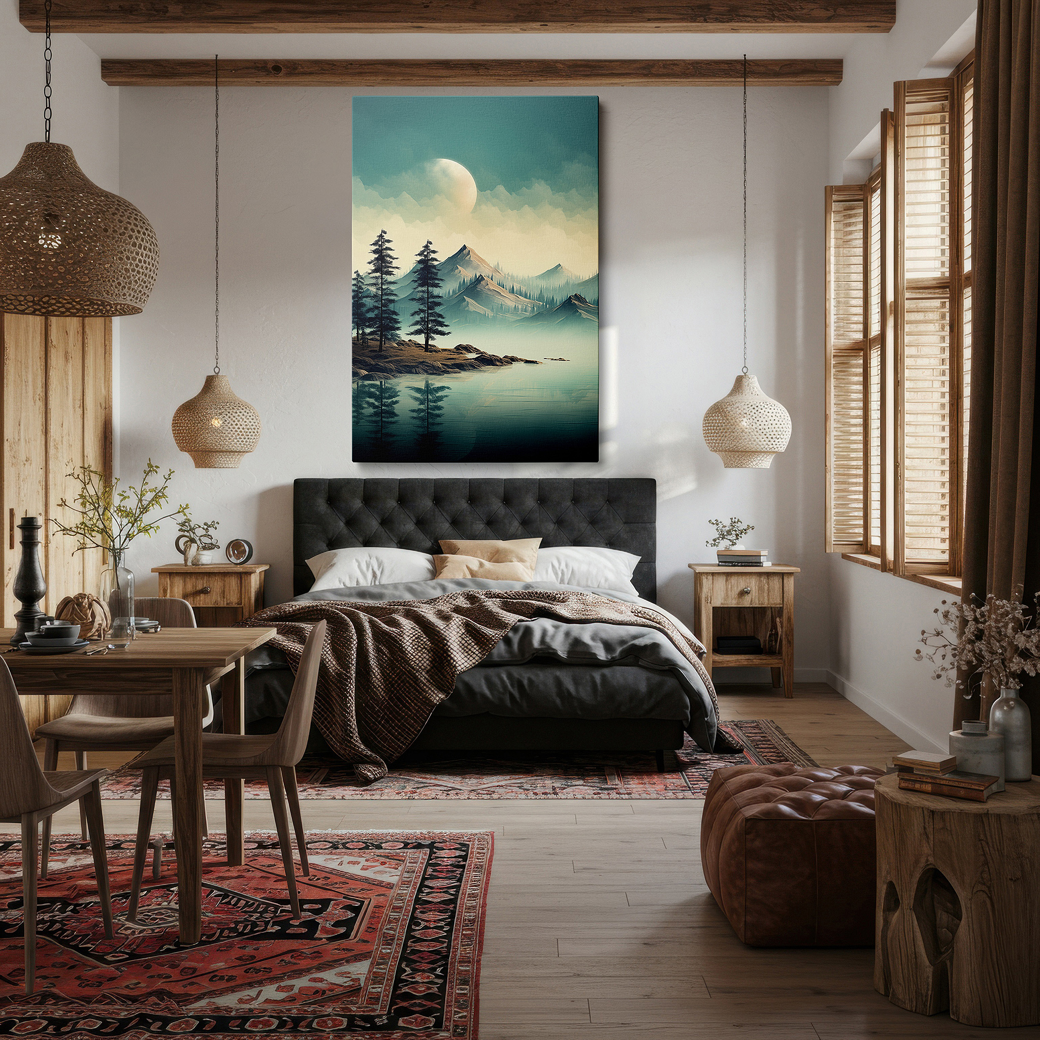 Framed by abstract decor and natural-toned accessories — mystical twilight majesty on ethereal mountain large canvas wall art for office, bedroom, and living room decor