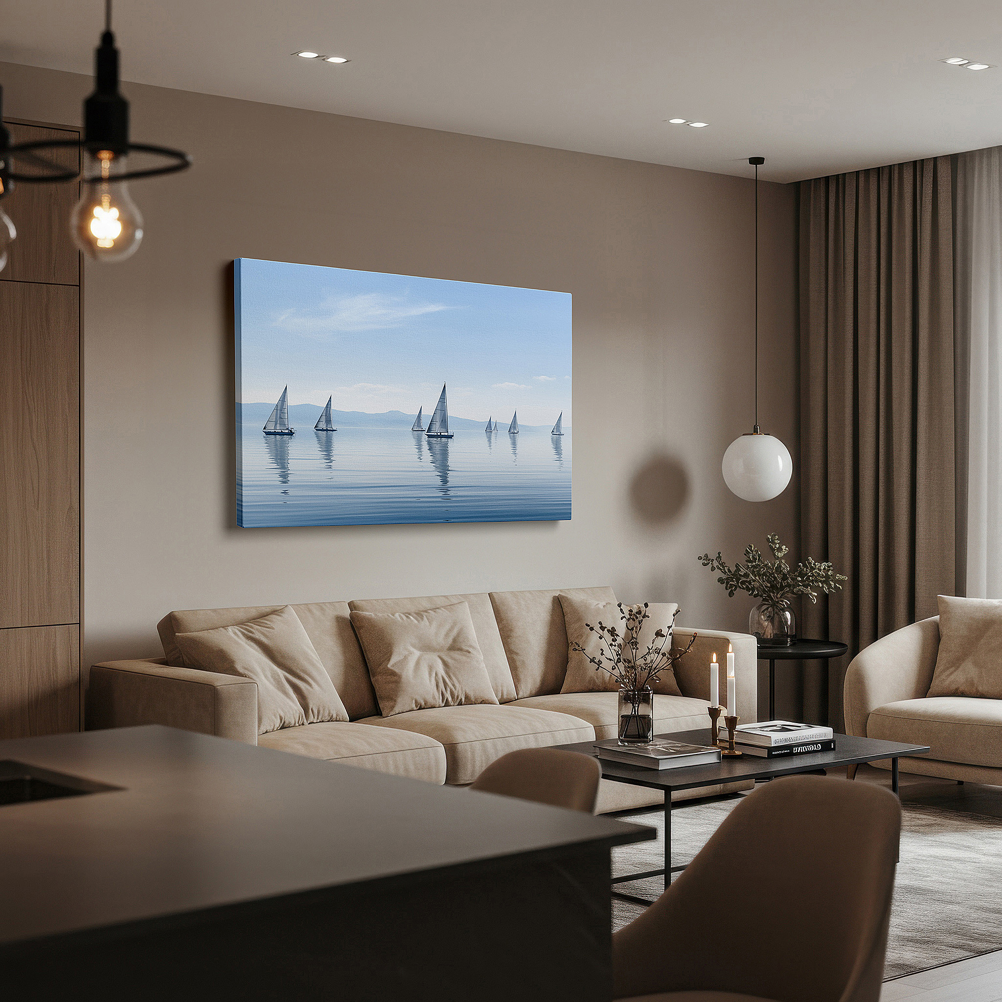 Framed by abstract decor and natural-toned accessories — nautical wall art: serene sailboat scene under a vast blue sky - large canvas art for office and bedroom decor