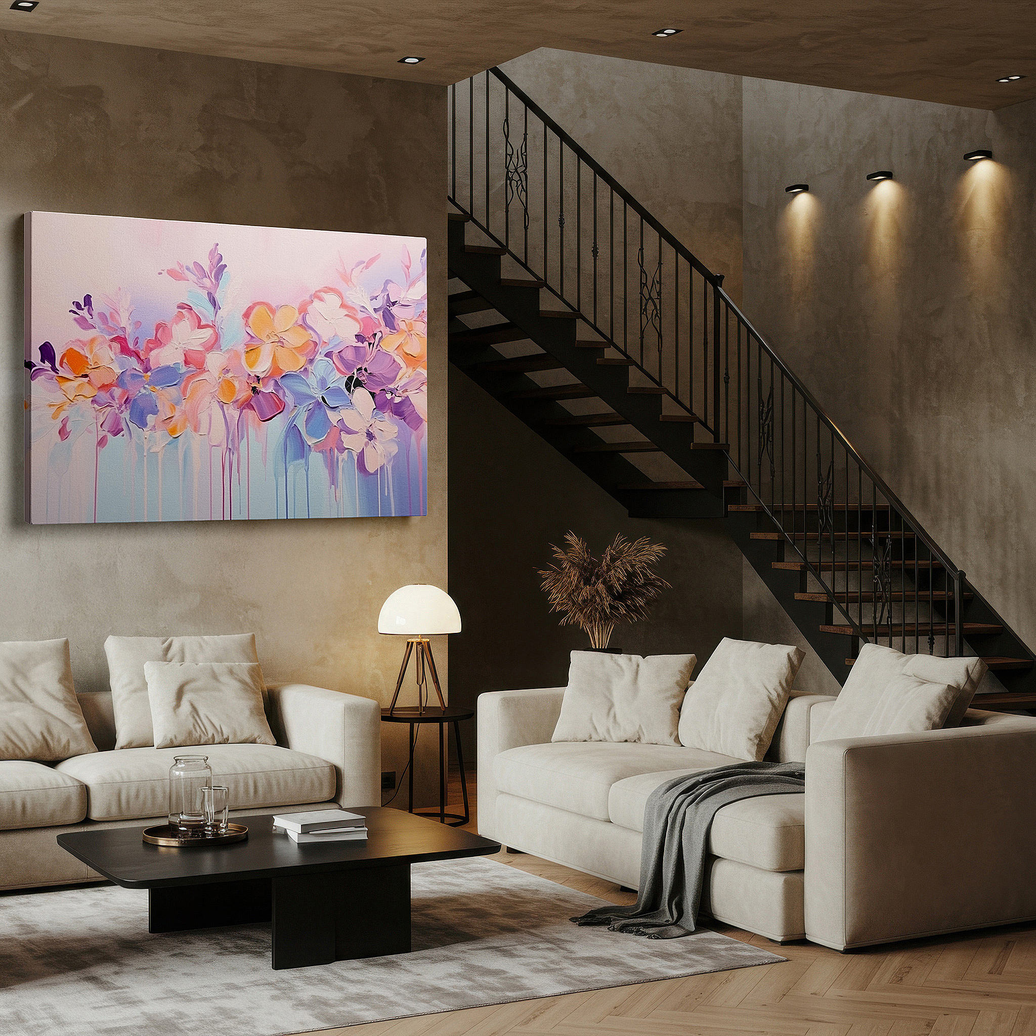 Framed by abstract decor and natural-toned accessories — pastel floral symphony: tranquil and dreamy large wall art for serene spaces - ideal for office and bedroom decor