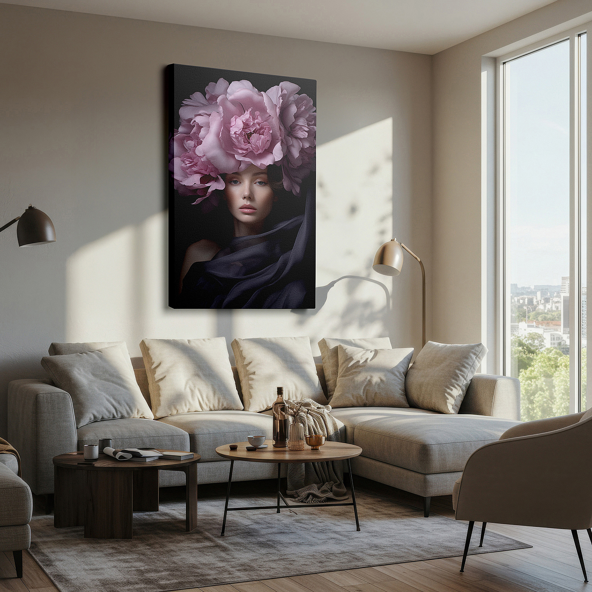 Framed by abstract decor and natural-toned accessories — pink floral crown serenity: a portrait of feminine grace and elegance - large canvas wall art for home and office decor