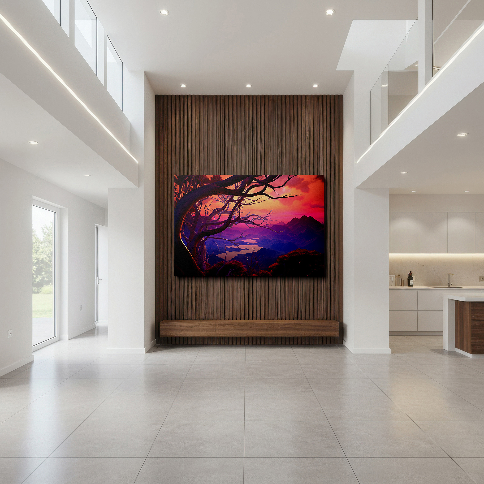 Framed by abstract decor and natural-toned accessories — pink and purple ethereal landscape with tranquil trees and majestic mountains, large canvas wall art for office and bedroom decor