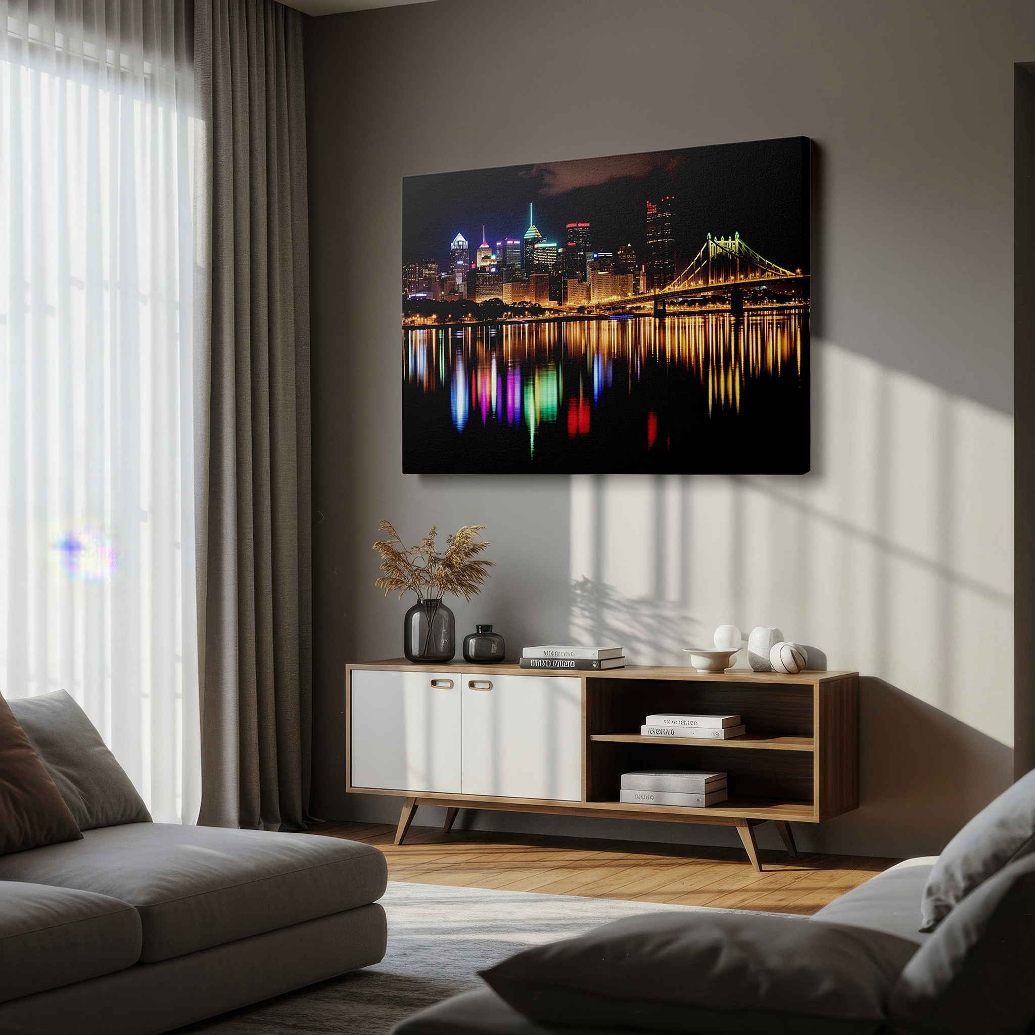 Framed by abstract decor and natural-toned accessories — pittsburgh's enchanting nighttime skyline: a tribute to urban life and architectural diversity - large canvas wall art decor