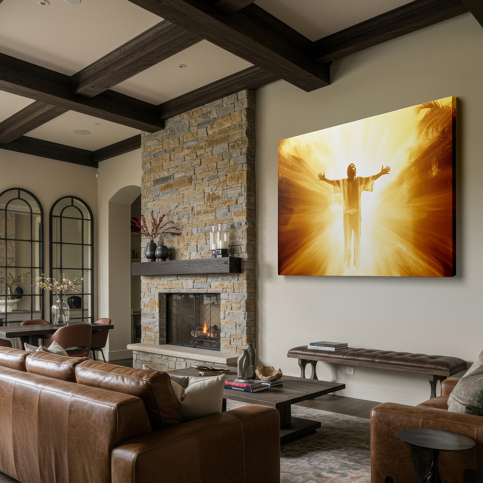 Framed by abstract decor and natural-toned accessories — radiant figure in spiritual embrace: large canvas wall art featuring halo of light and shadows, ideal for office, living room, or bedroom decor