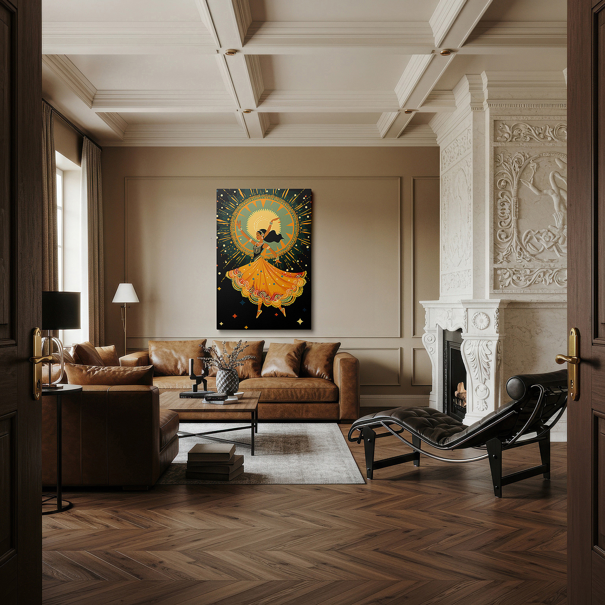 Framed by abstract decor and natural-toned accessories — radiant yellow dress dancer wall art: celebrating festivity and cultural vibrance - perfect for office, bedroom, and home decor, available in large canvas prints