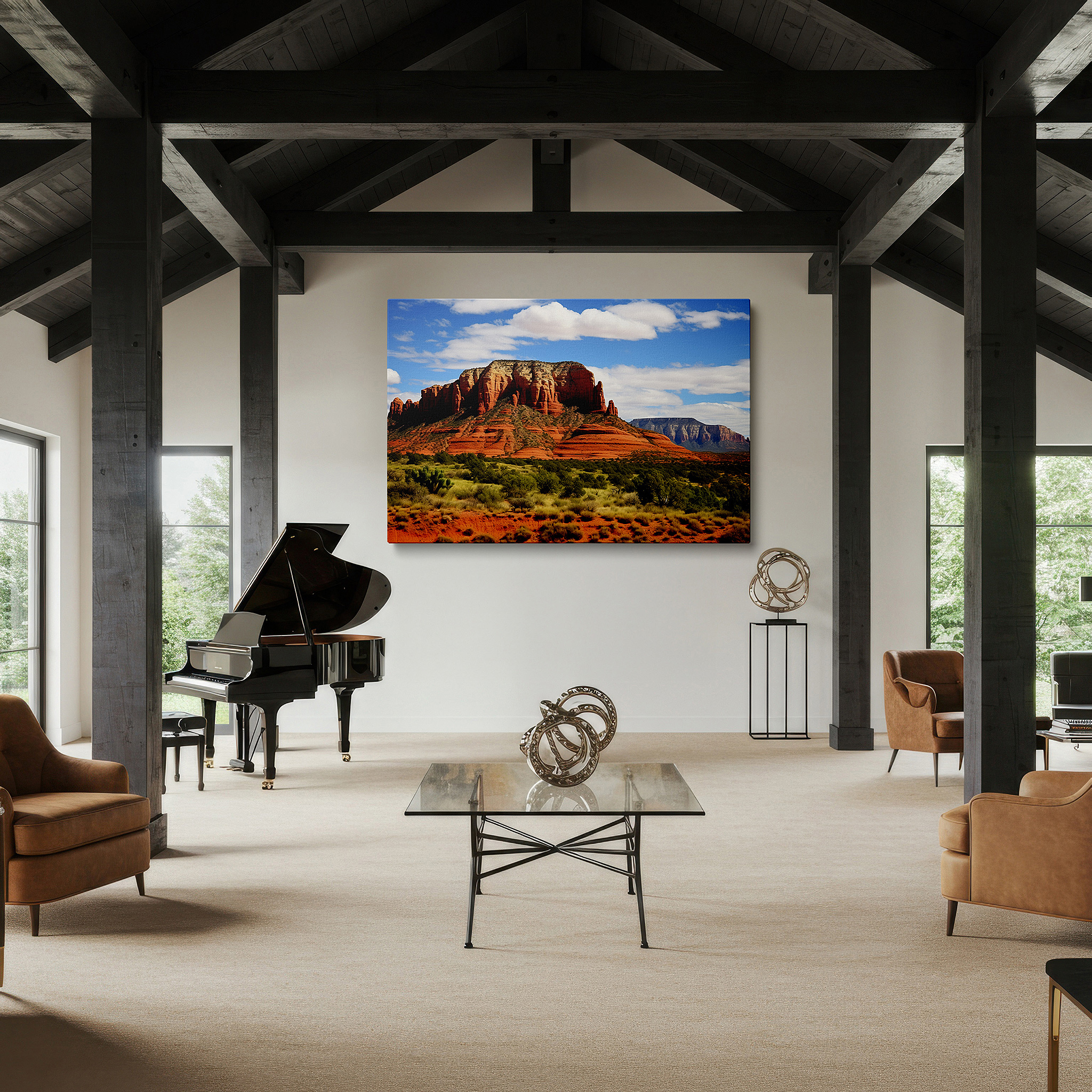Framed by abstract decor and natural-toned accessories — red rocks rising majestically against a bright blue sky: a celebration of nature's beauty - large canvas wall art for home and office decor