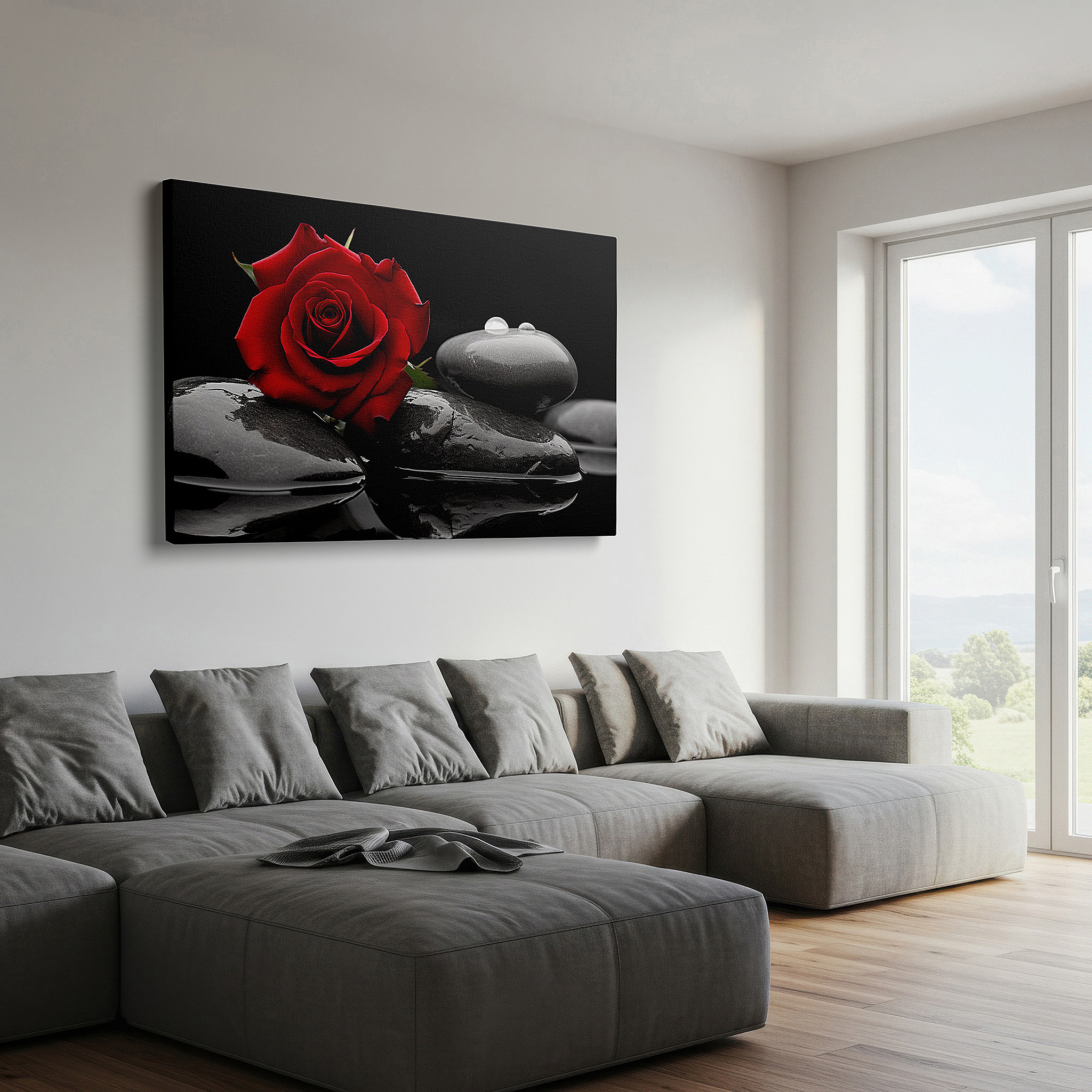 Framed by abstract decor and natural-toned accessories — red rose on black stones wall art: a symphony of contrast and harmony - large canvas art for home and office decor, perfect for living room and bedroom