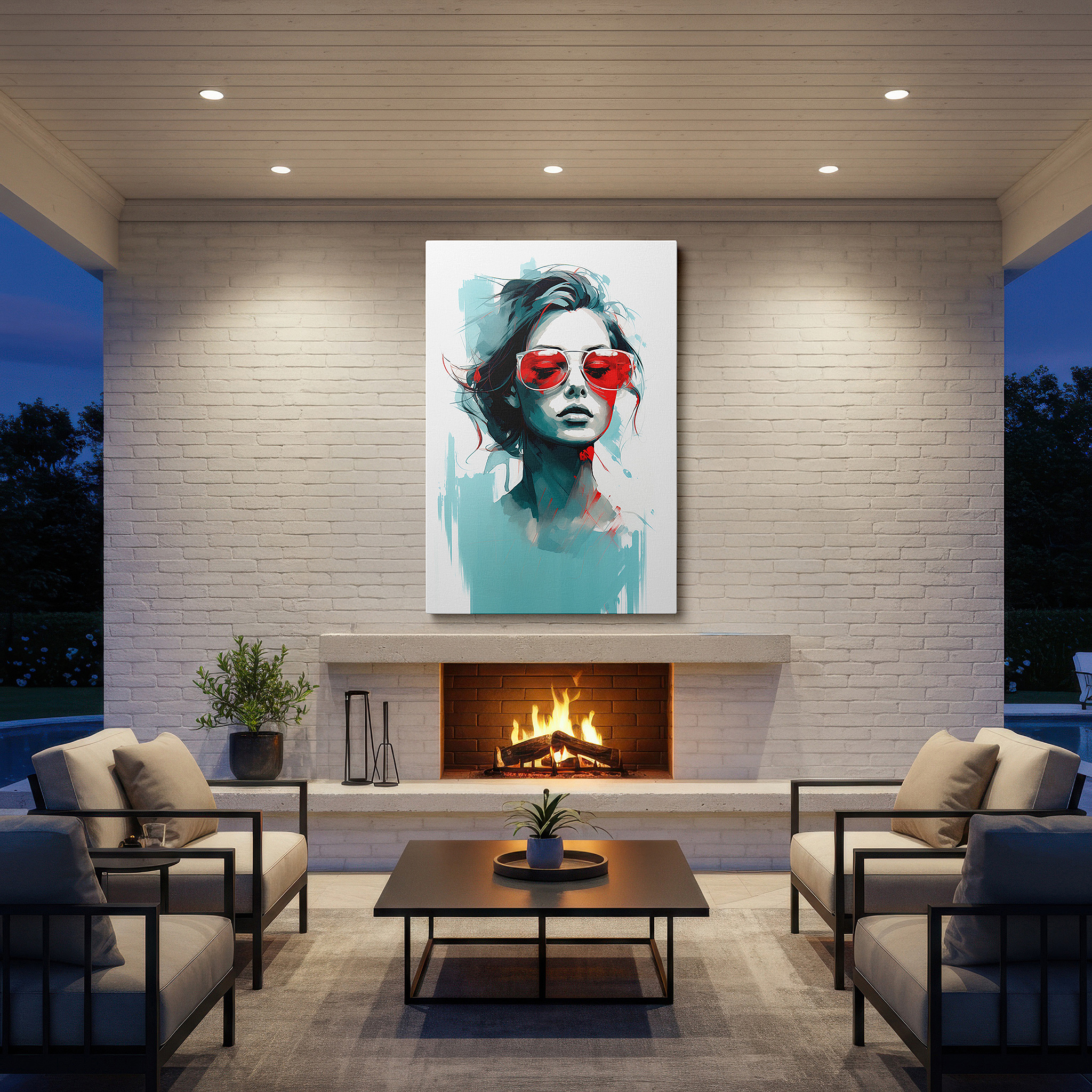 Framed by abstract decor and natural-toned accessories — red sunglasses: a portrait of modern femininity, style, and confidence - chic large wall art for home and office decor