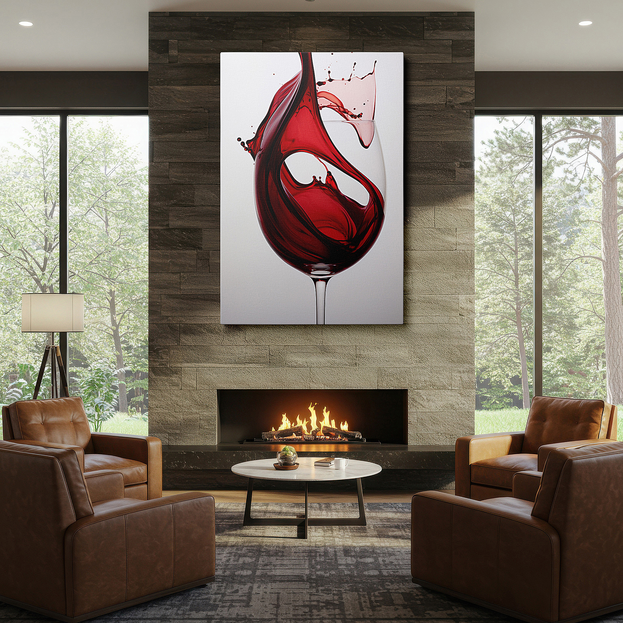 Framed by abstract decor and natural-toned accessories — red wine splash canvas art: a captivating display of elegance and chaos for home and office decor