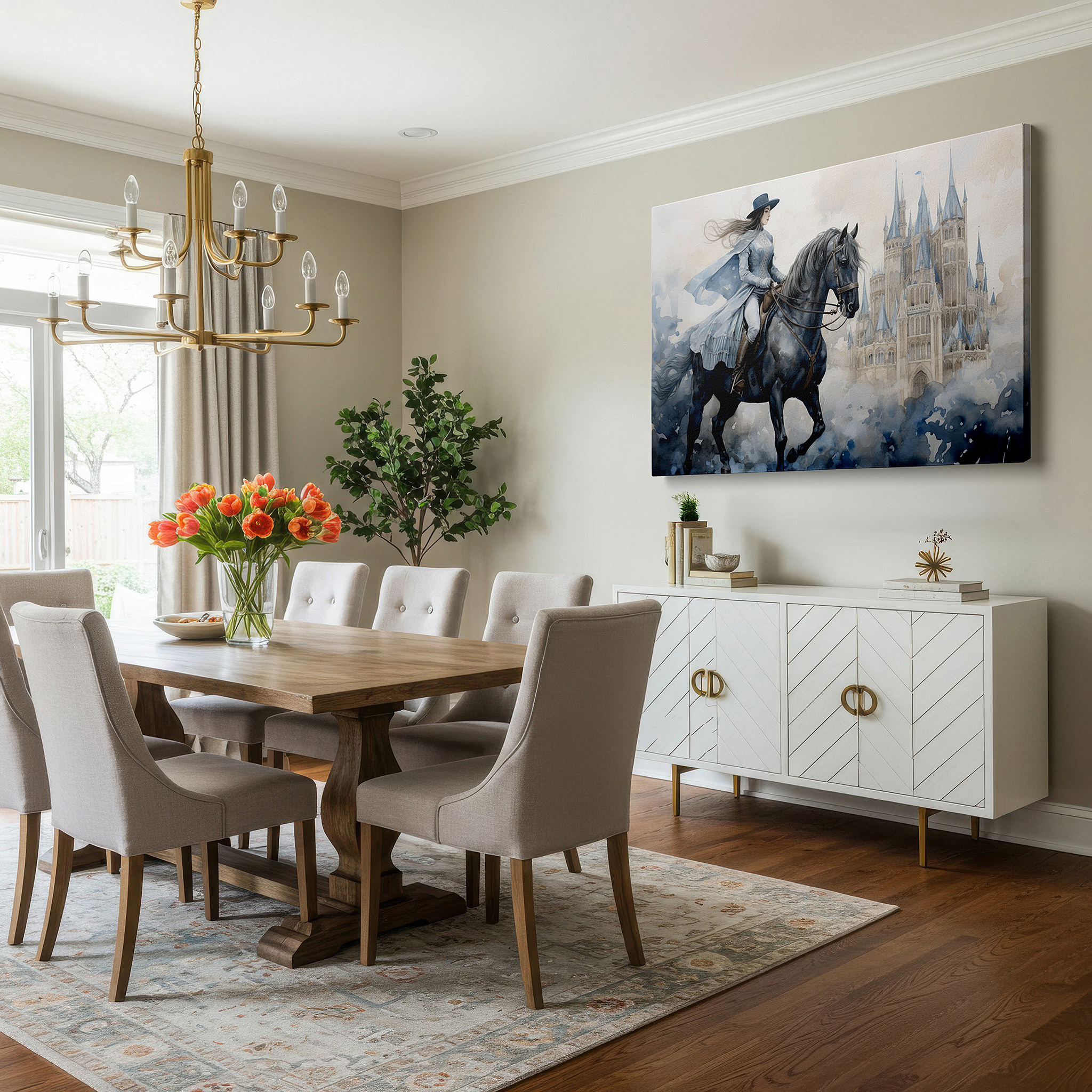 Framed by abstract decor and natural-toned accessories — regal ride and misty castle large wall art, canvas decor for office and bedroom