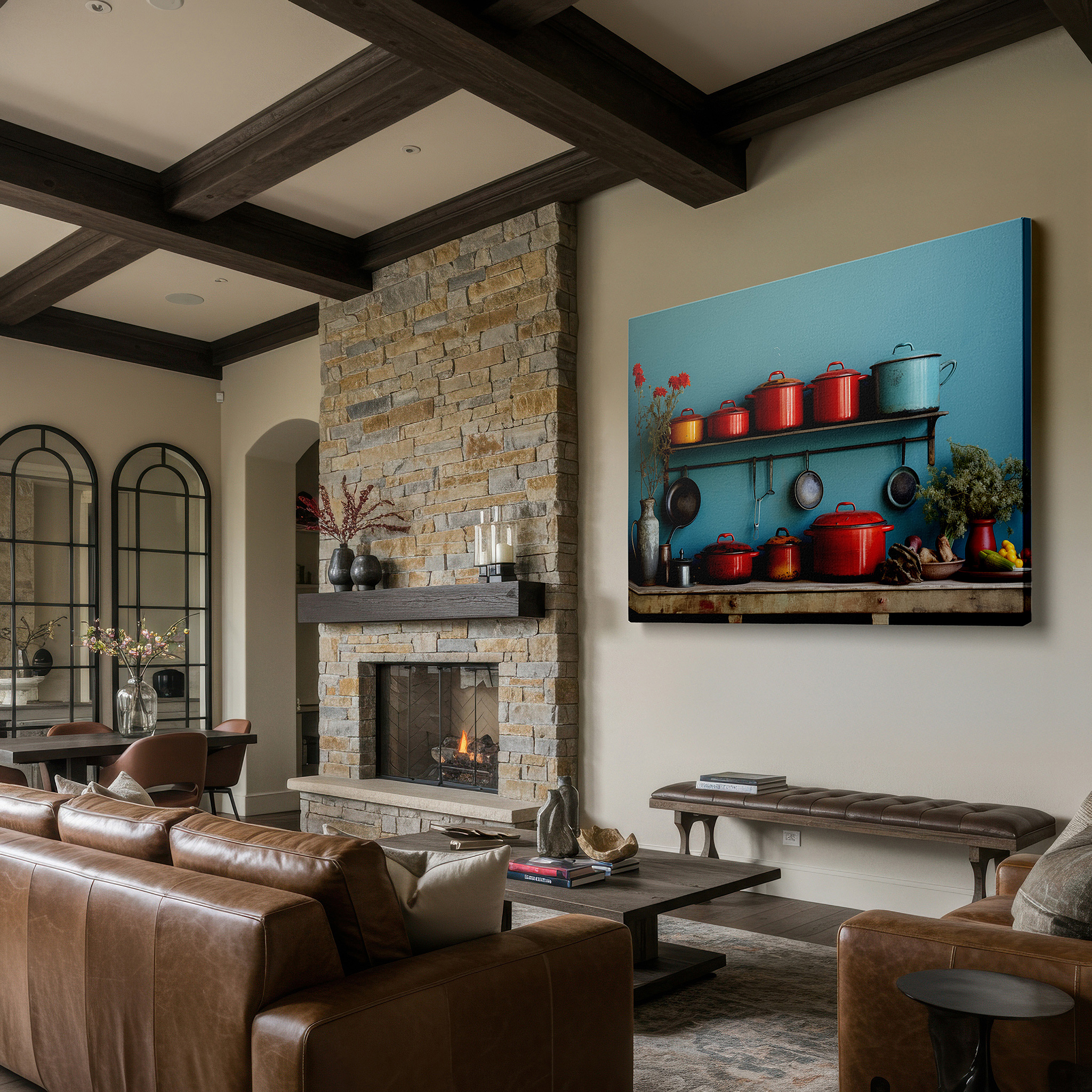 Framed by abstract decor and natural-toned accessories — rustic and warm vibrant kitchen scene large wall art, canvas decor for office, bedroom, and living spaces
