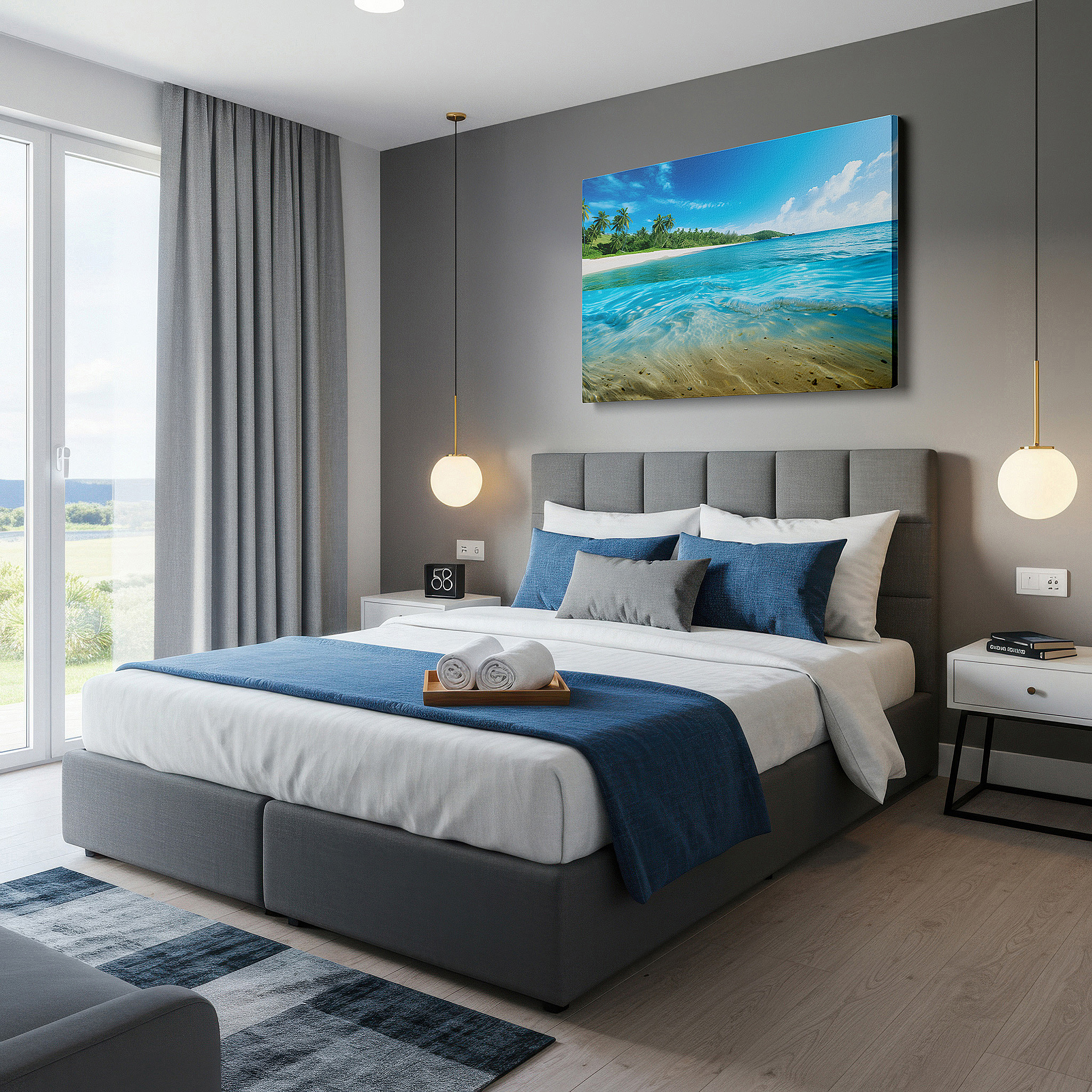 Framed by abstract decor and natural-toned accessories — serene beach paradise with lush greenery and calm blue waters large wall art, canvas wall art, wall decor, office wall art
