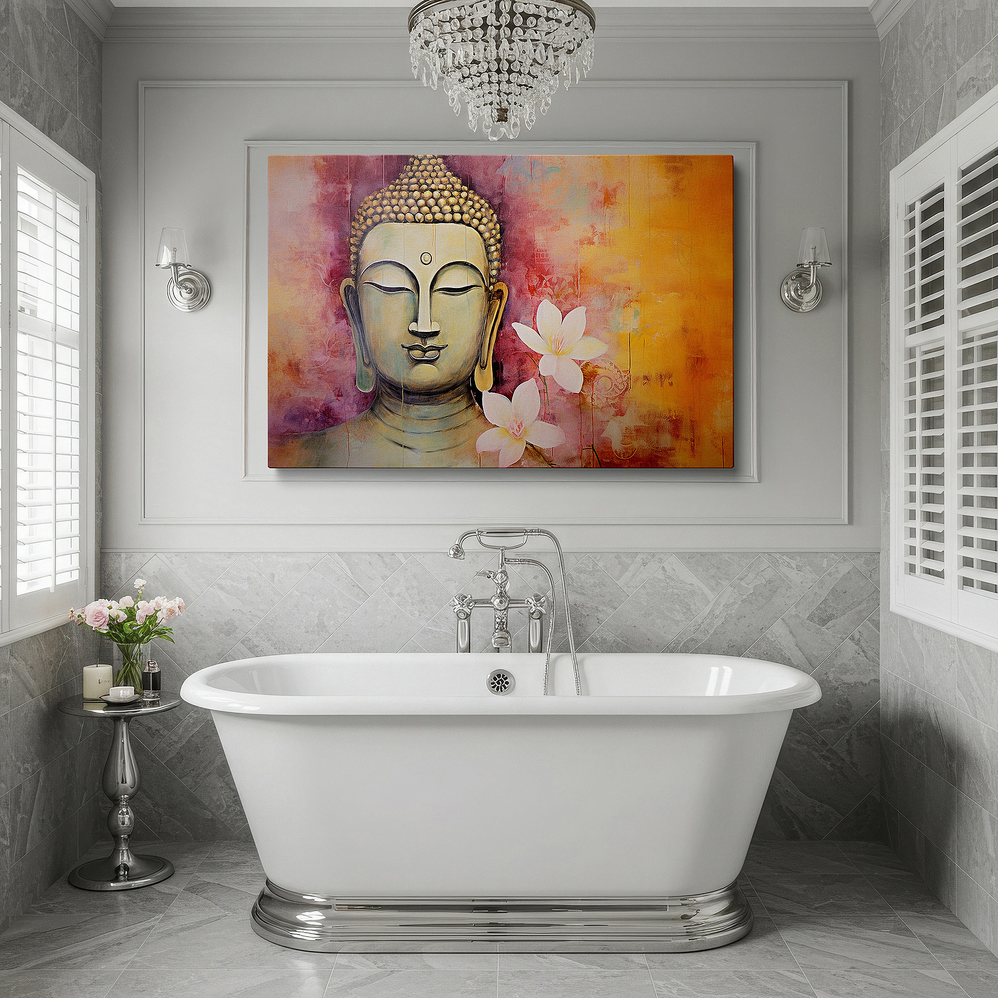 Framed by abstract decor and natural-toned accessories — serene buddha wall art for living room: a symbolic masterpiece of tranquility - large canvas wall decor ideal for office spaces