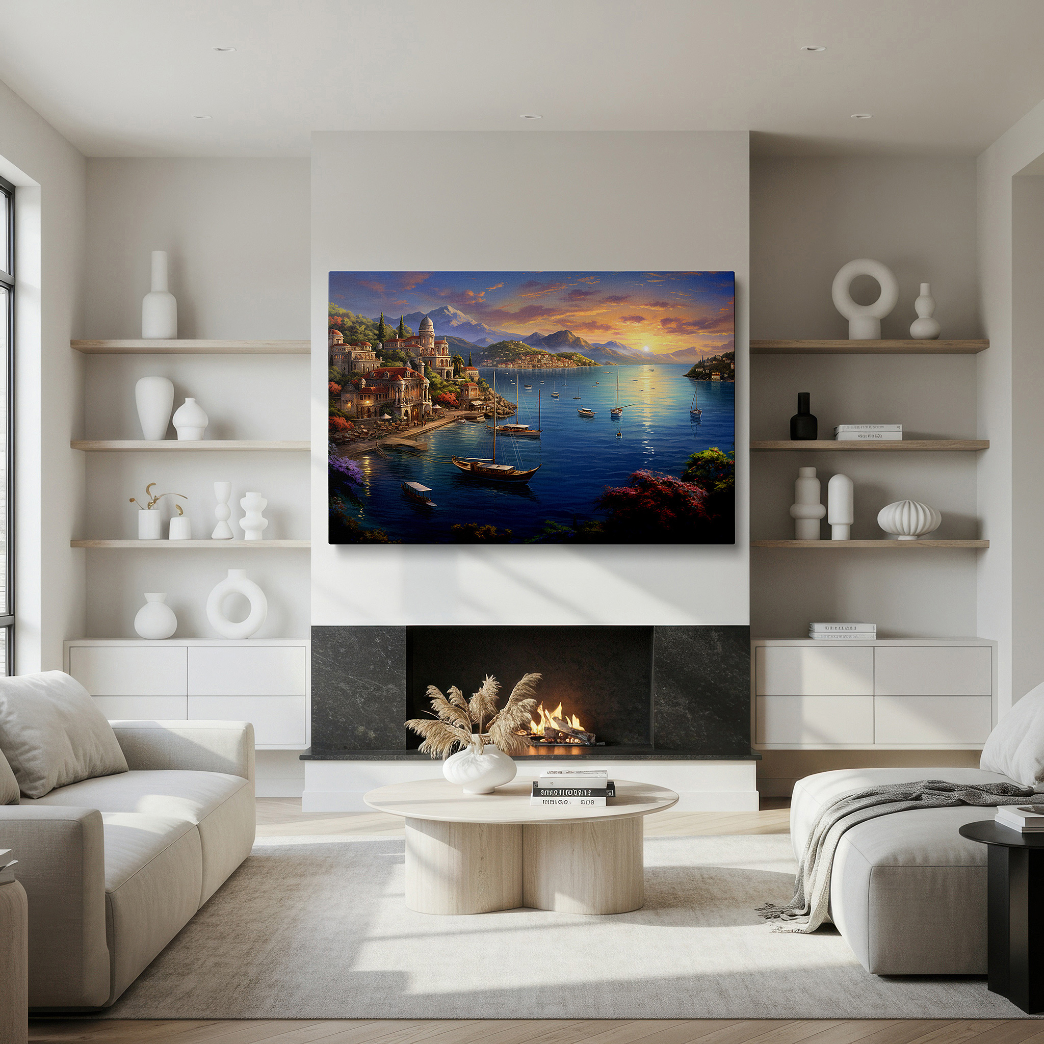 Framed by abstract decor and natural-toned accessories — serene coastal village at sunset: quaint buildings bathed in golden glow - large wall art, canvas wall art, wall decor for office