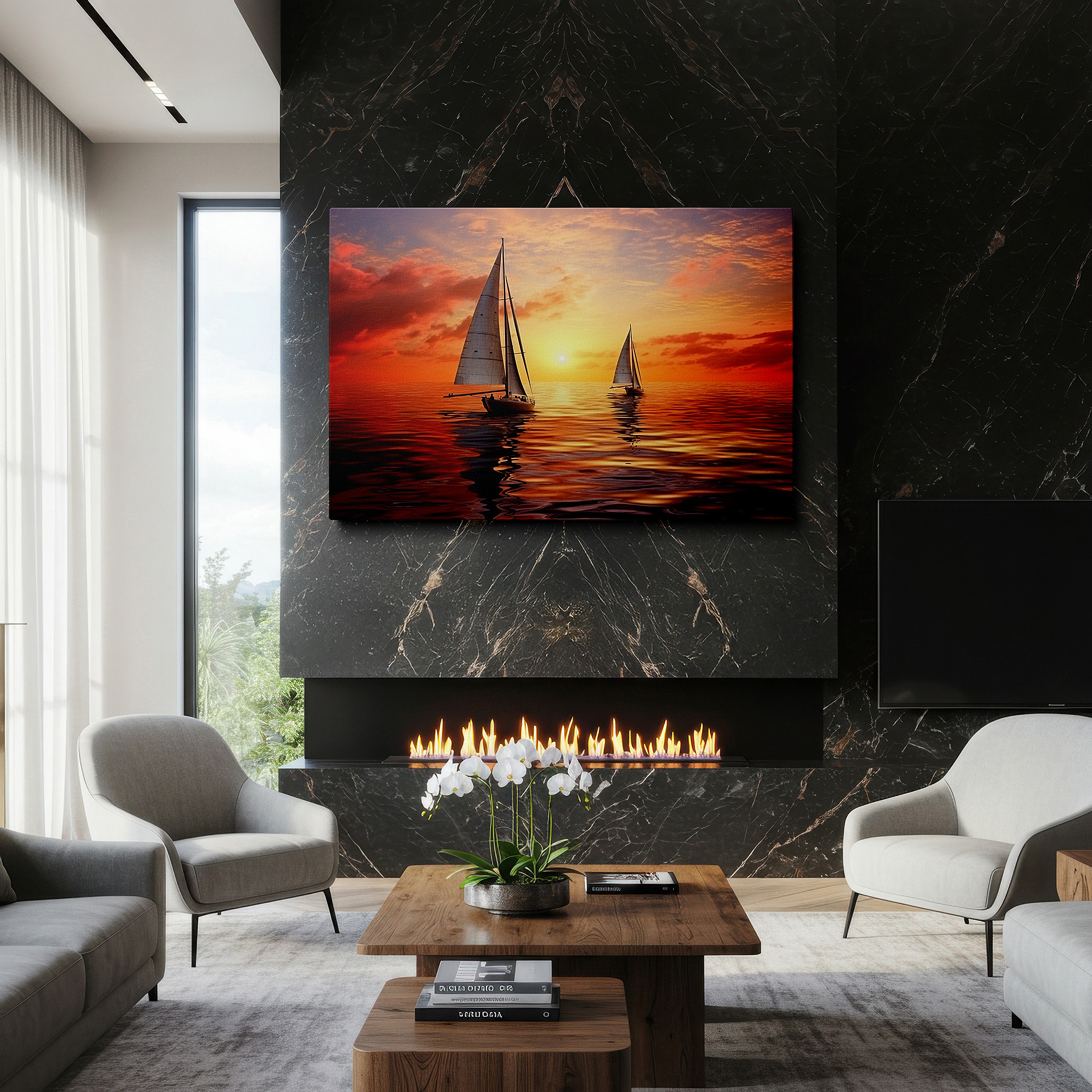 Framed by abstract decor and natural-toned accessories — serene maritime scene with sailboats at sunset - large canvas wall art for office, bedroom, and living room decor