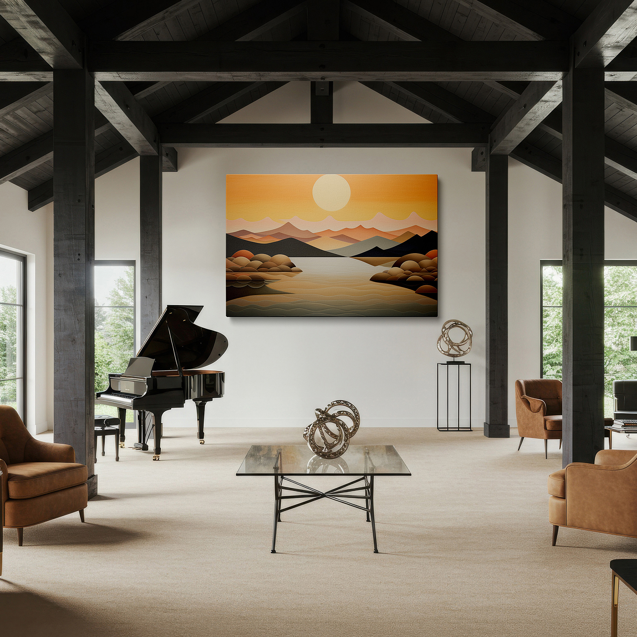 Framed by abstract decor and natural-toned accessories — serene pastel landscape featuring soft hills and calm waters beneath a radiant sun, large canvas wall art for home and office decor