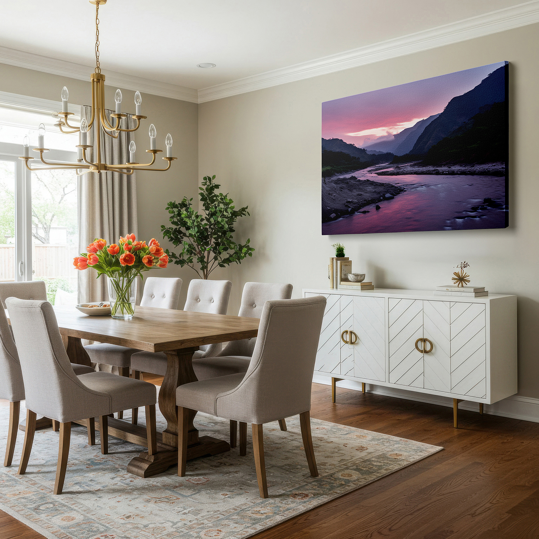 Framed by abstract decor and natural-toned accessories — serene riverbed at sunset: large canvas wall art featuring tranquil fiery skies and reflective waters, ideal for office wall decor