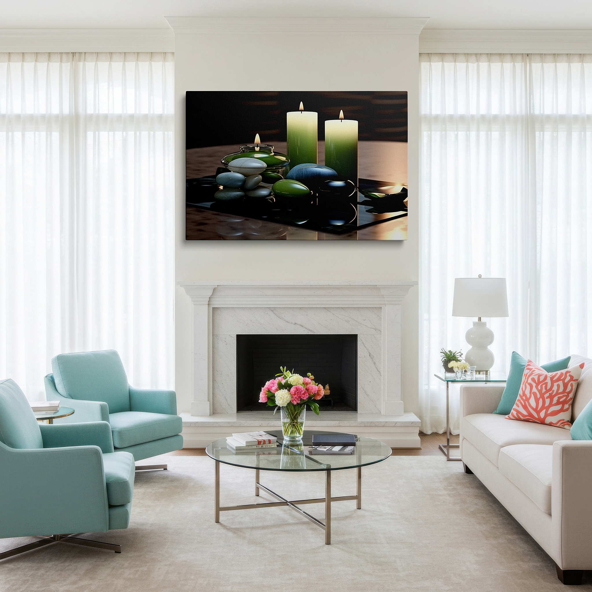 Framed by abstract decor and natural-toned accessories — serene still life featuring polished stones and flickering candlelight - large canvas wall art for office and bedroom decor