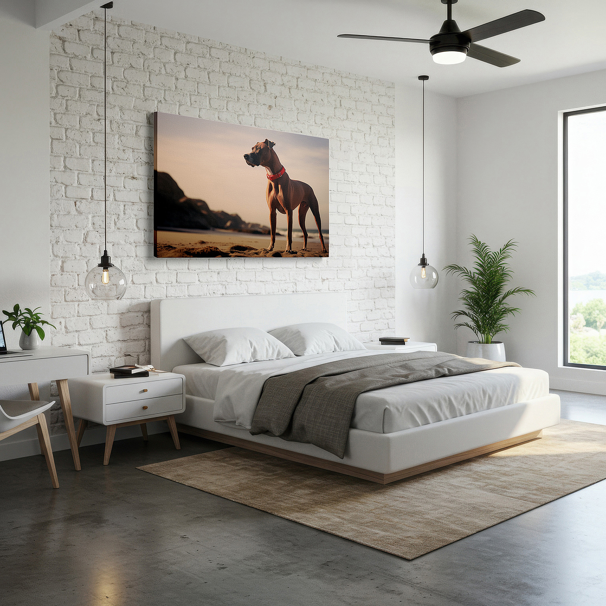 Framed by abstract decor and natural-toned accessories — serene sunset and faithful dog overlooking the ocean - large canvas wall art for office and bedroom decor