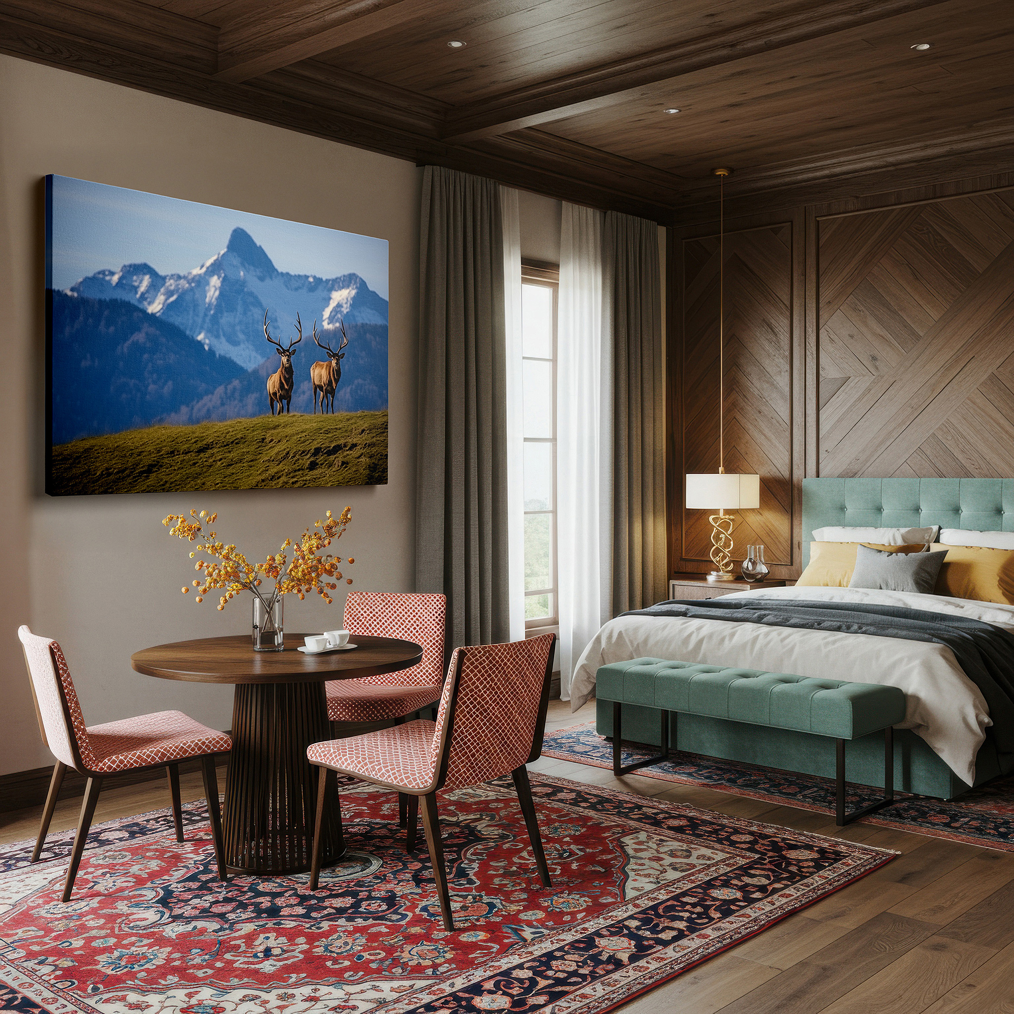 Framed by abstract decor and natural-toned accessories — serene wilderness and majestic elk large canvas wall art with lush greenery and snow-capped mountains for office and bedroom decor