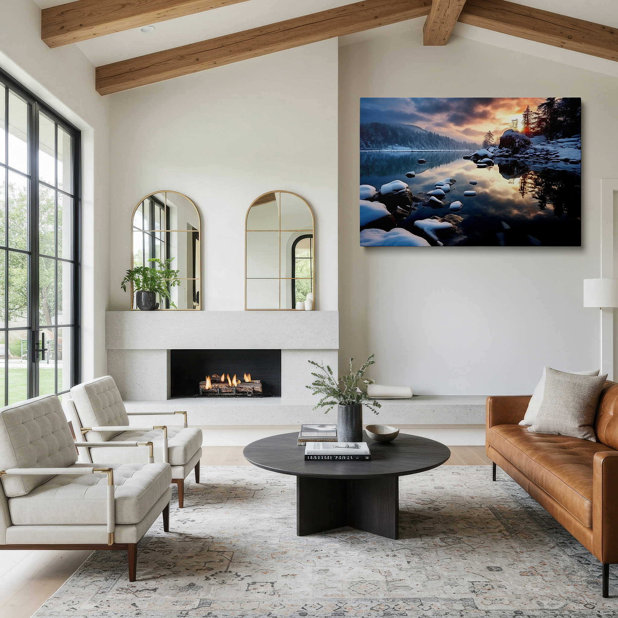 Framed by abstract decor and natural-toned accessories — serene winter scene with sunset glow and snow-capped river stones - large canvas wall art for office and bedroom decor