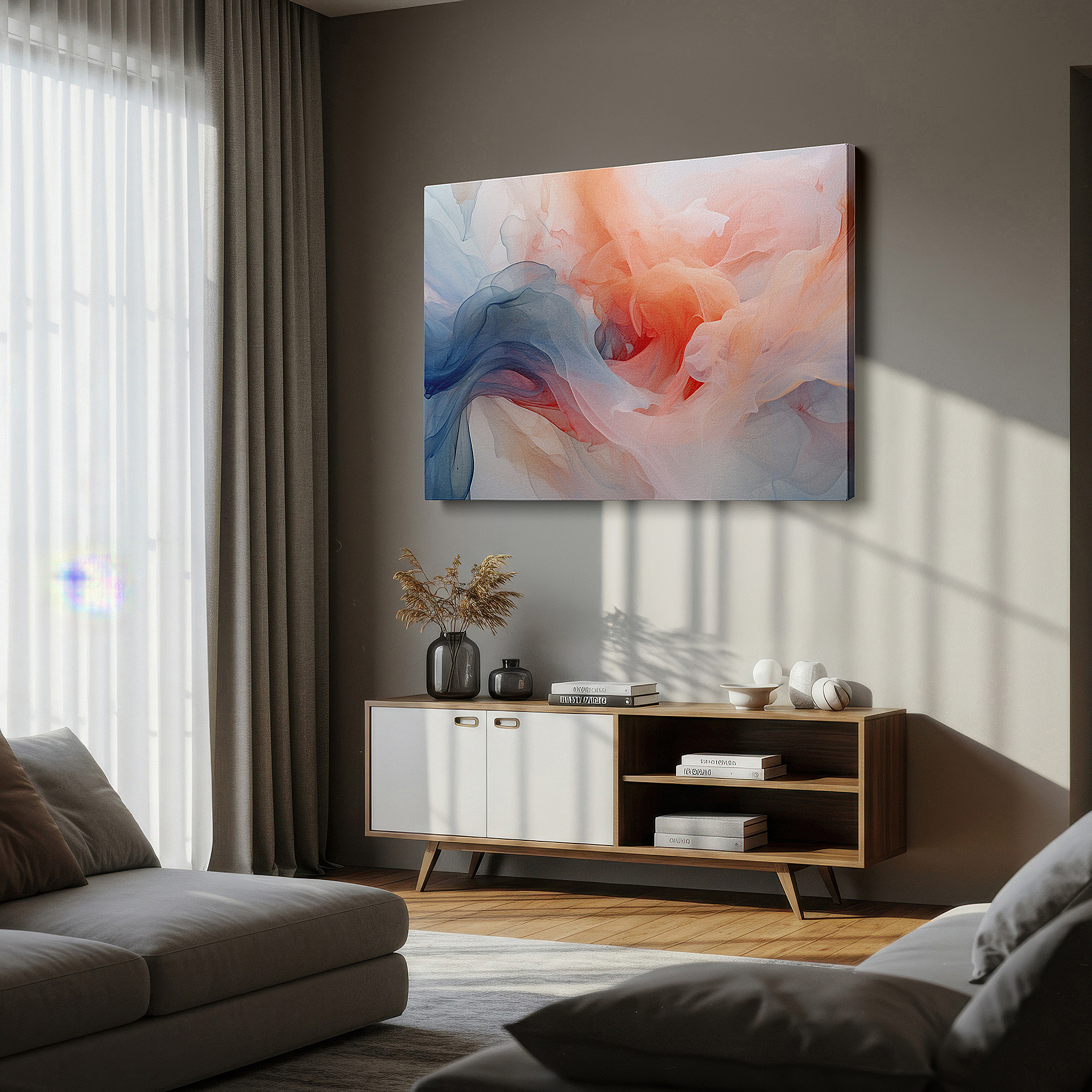 Framed by abstract decor and natural-toned accessories — soft colors and ethereal textures symphony: soothing large wall art for bedrooms and offices