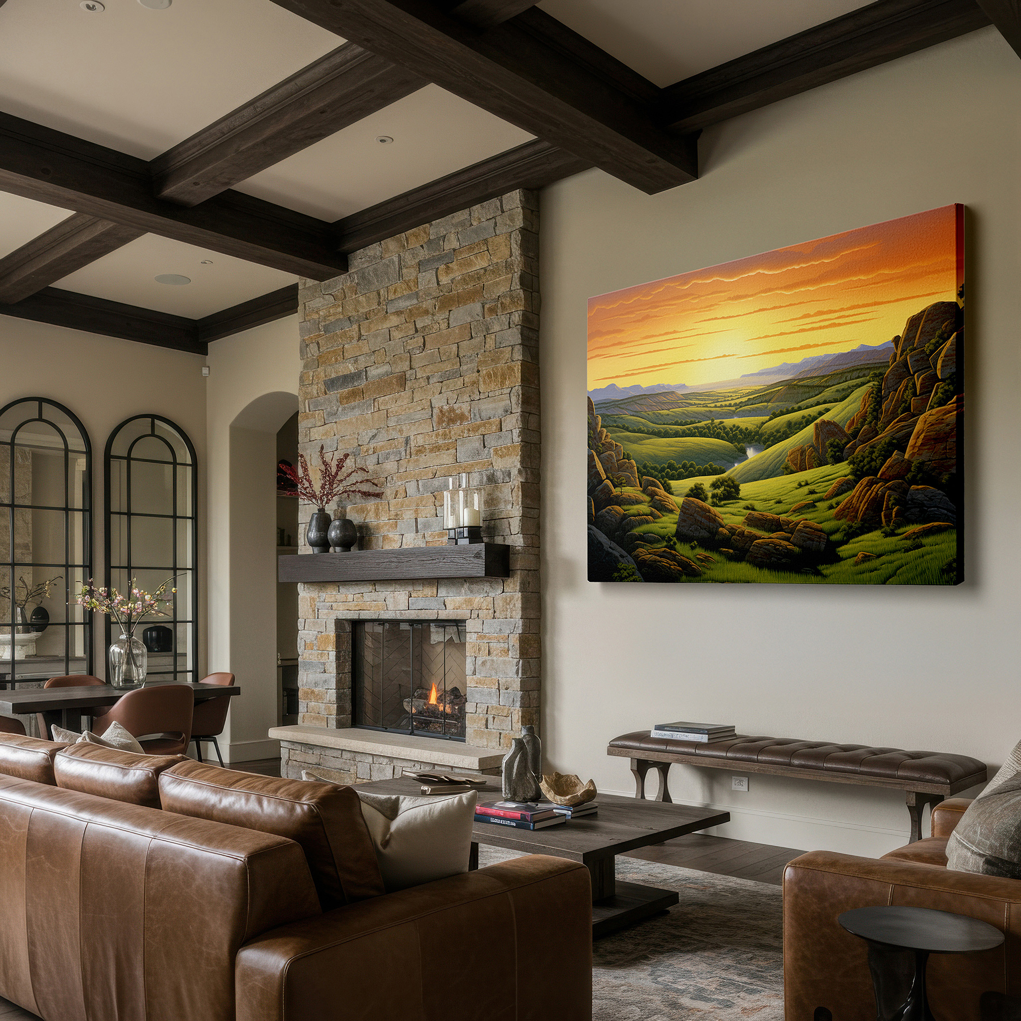 Framed by abstract decor and natural-toned accessories — sunrise over rolling hills: tranquil landscape large wall art for daily inspiration - perfect for office and bedroom decor