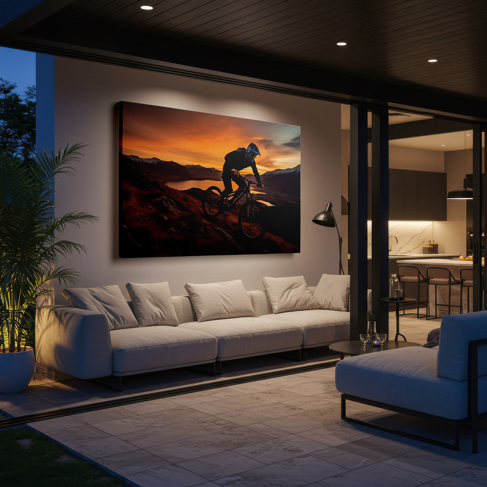 Framed by abstract decor and natural-toned accessories — sunset mountain biking on rugged terrain - large canvas wall art for office, bedroom, and living room decor