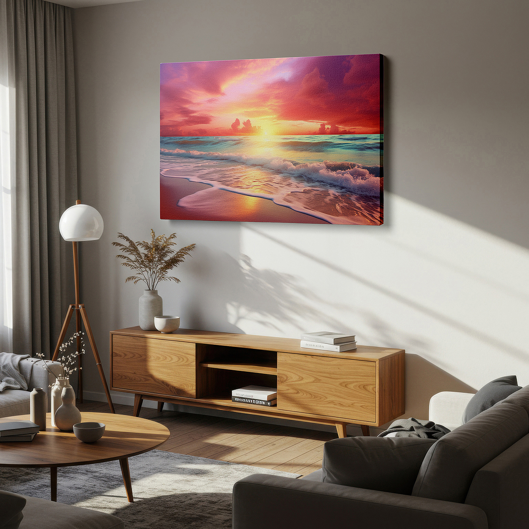 Framed by abstract decor and natural-toned accessories — sunset over the ocean wall art: large canvas for home and office decor, ideal for living rooms and bedrooms
